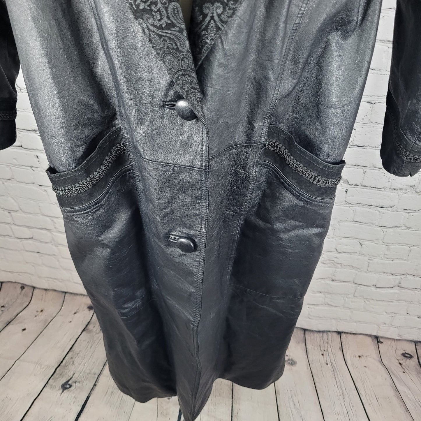 VTG Winlit Black Genuine Leather Suede Paisley Trench Long Jacket Coat L *defect
