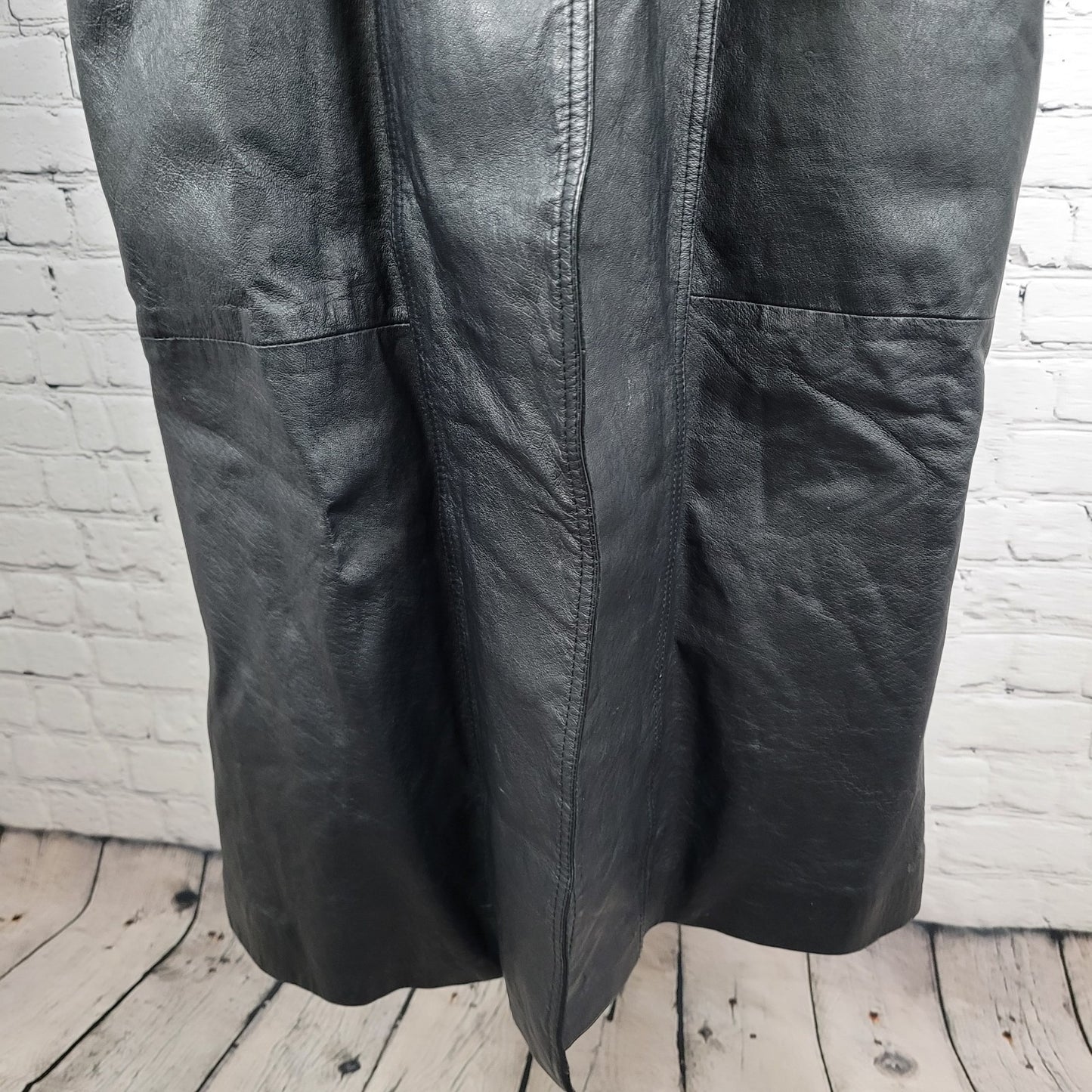 VTG Winlit Black Genuine Leather Suede Paisley Trench Long Jacket Coat L *defect