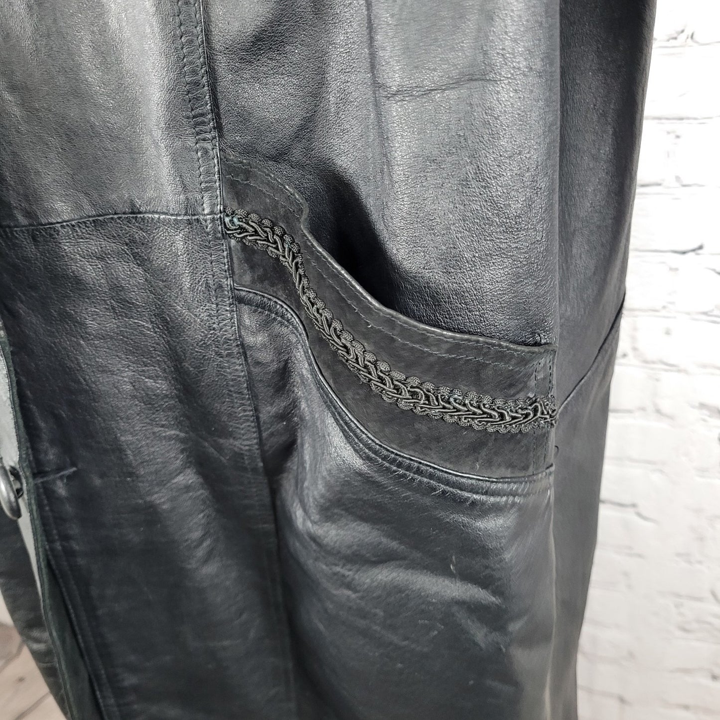 VTG Winlit Black Genuine Leather Suede Paisley Trench Long Jacket Coat L *defect