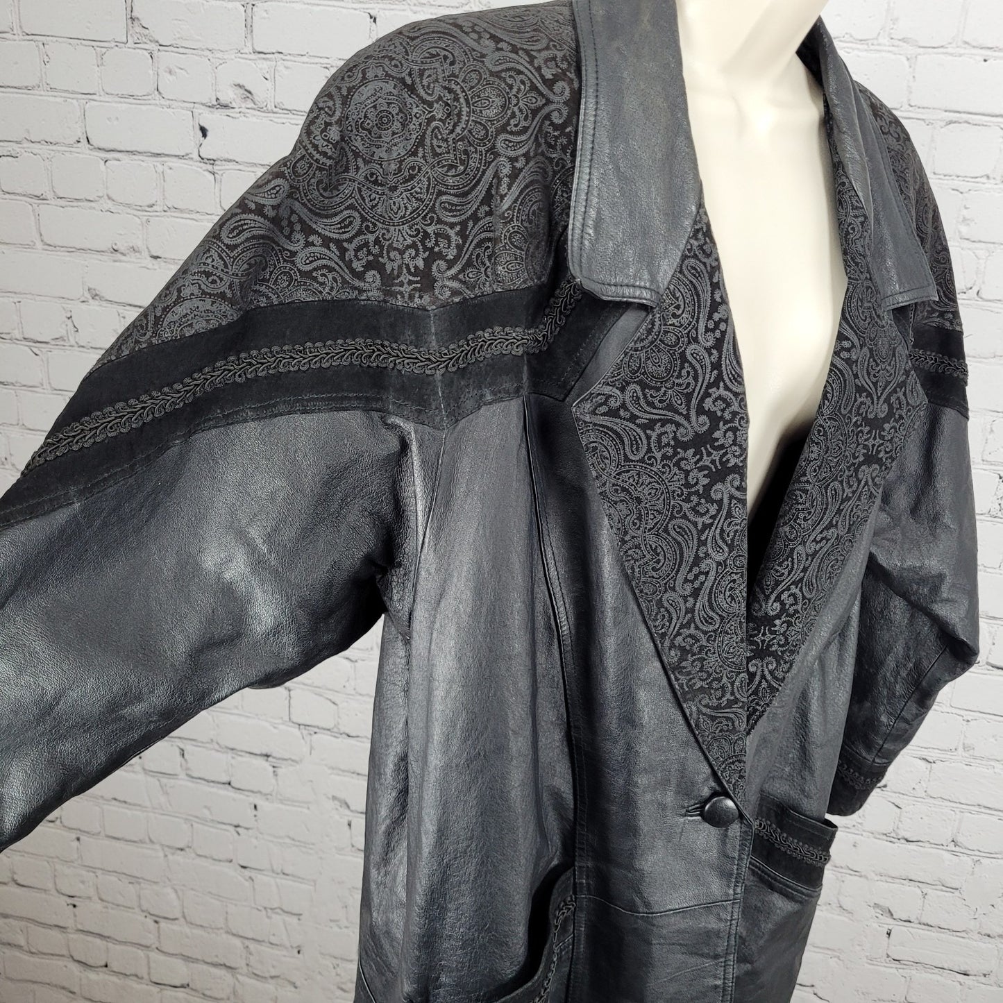 VTG Winlit Black Genuine Leather Suede Paisley Trench Long Jacket Coat L *defect