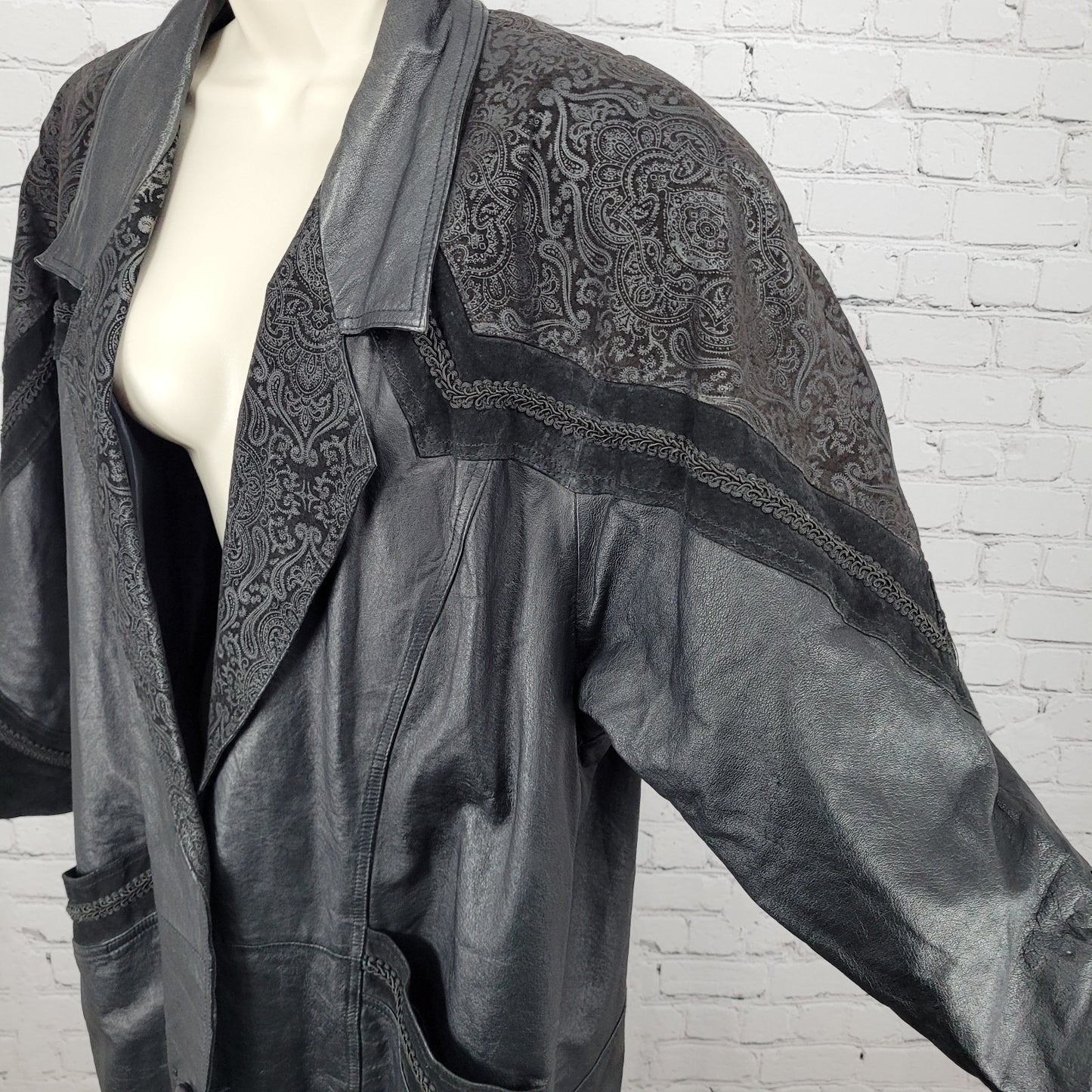 VTG Winlit Black Genuine Leather Suede Paisley Trench Long Jacket Coat L *defect