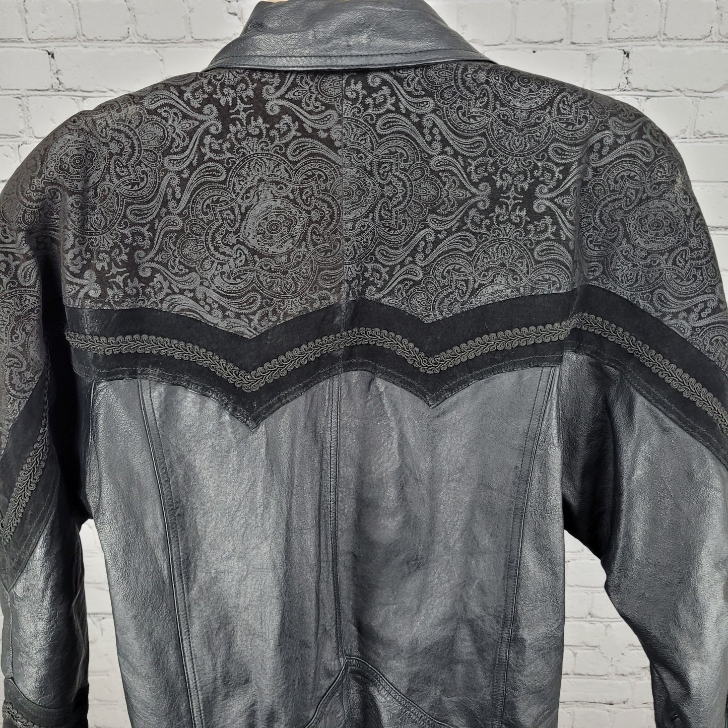 VTG Winlit Black Genuine Leather Suede Paisley Trench Long Jacket Coat L *defect