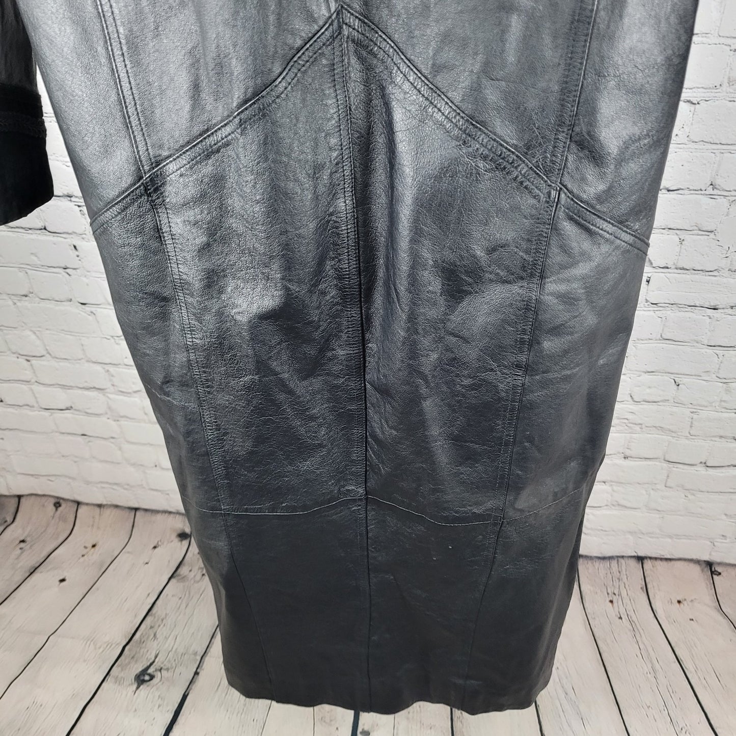 VTG Winlit Black Genuine Leather Suede Paisley Trench Long Jacket Coat L *defect