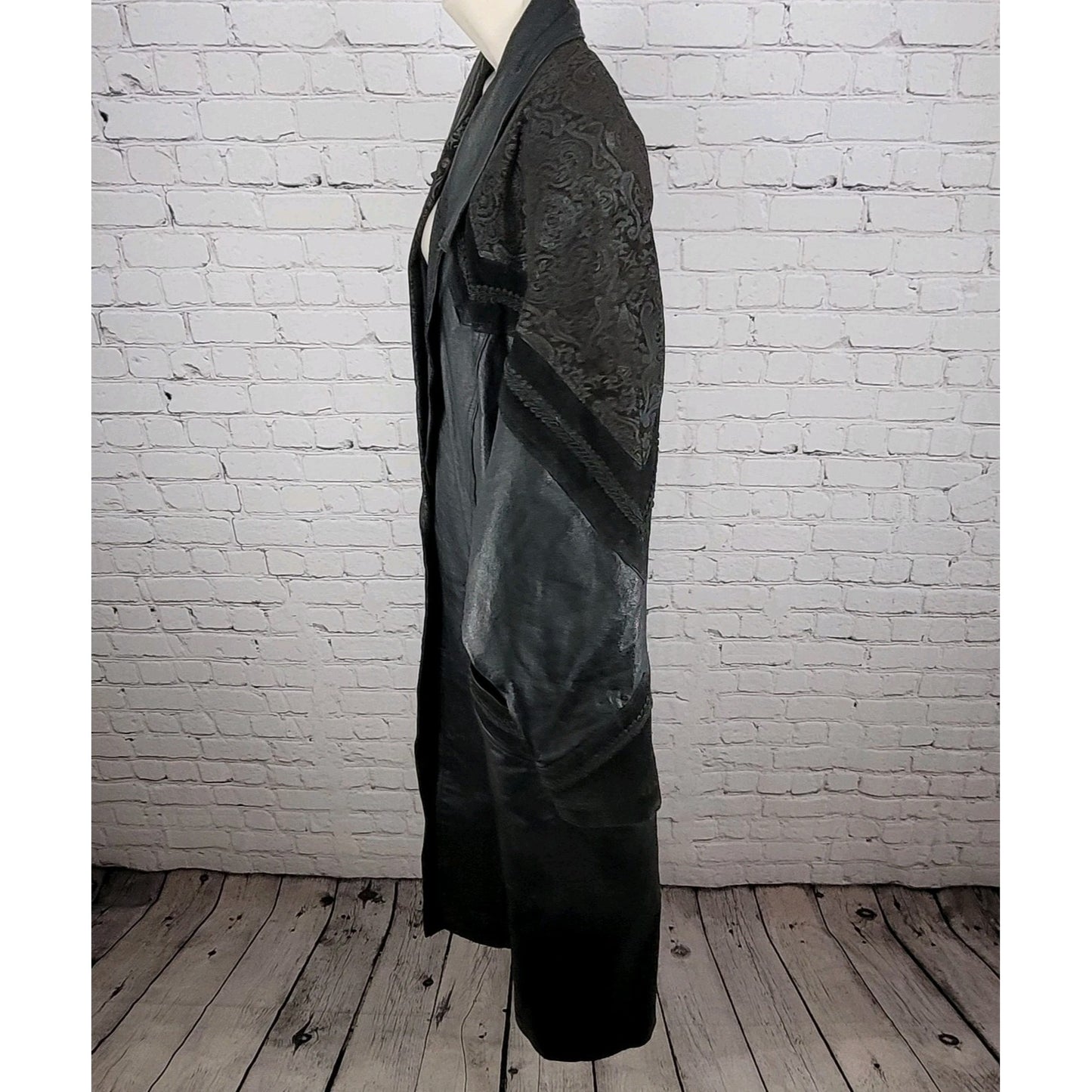VTG Winlit Black Genuine Leather Suede Paisley Trench Long Jacket Coat L *defect