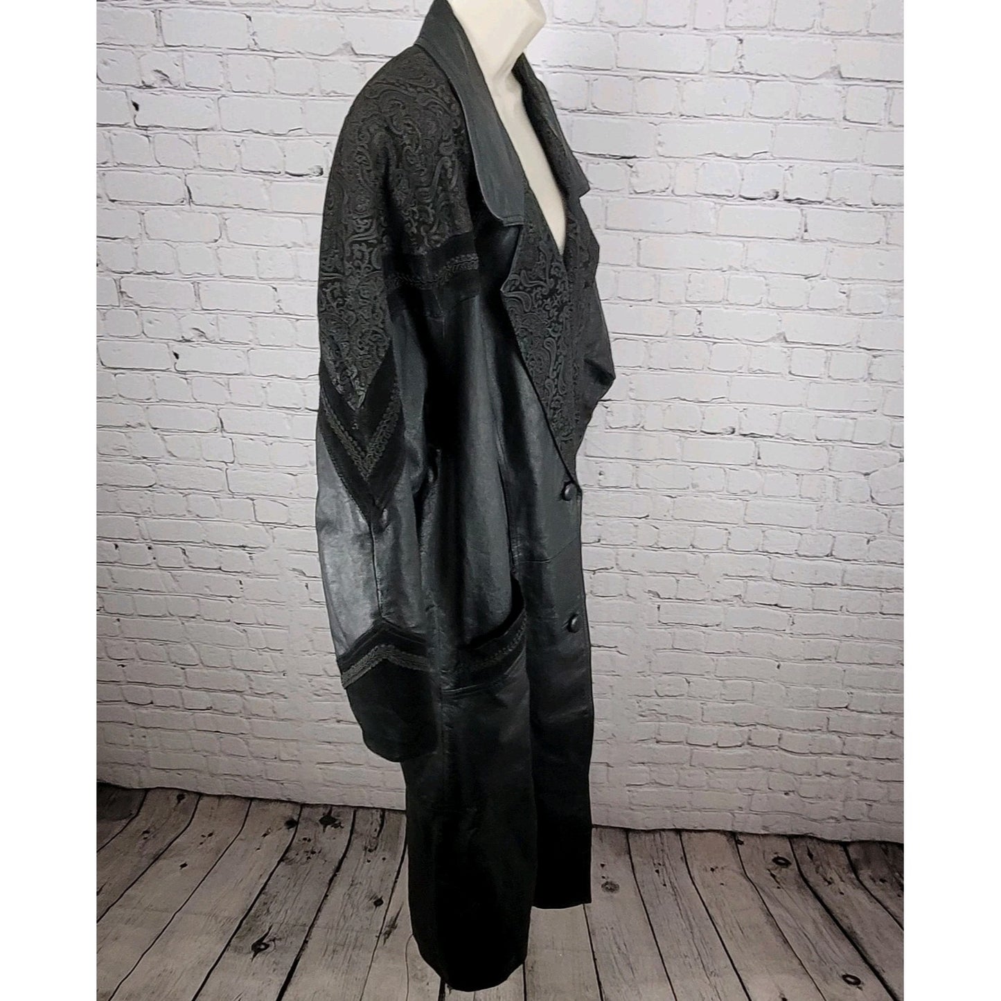 VTG Winlit Black Genuine Leather Suede Paisley Trench Long Jacket Coat L *defect