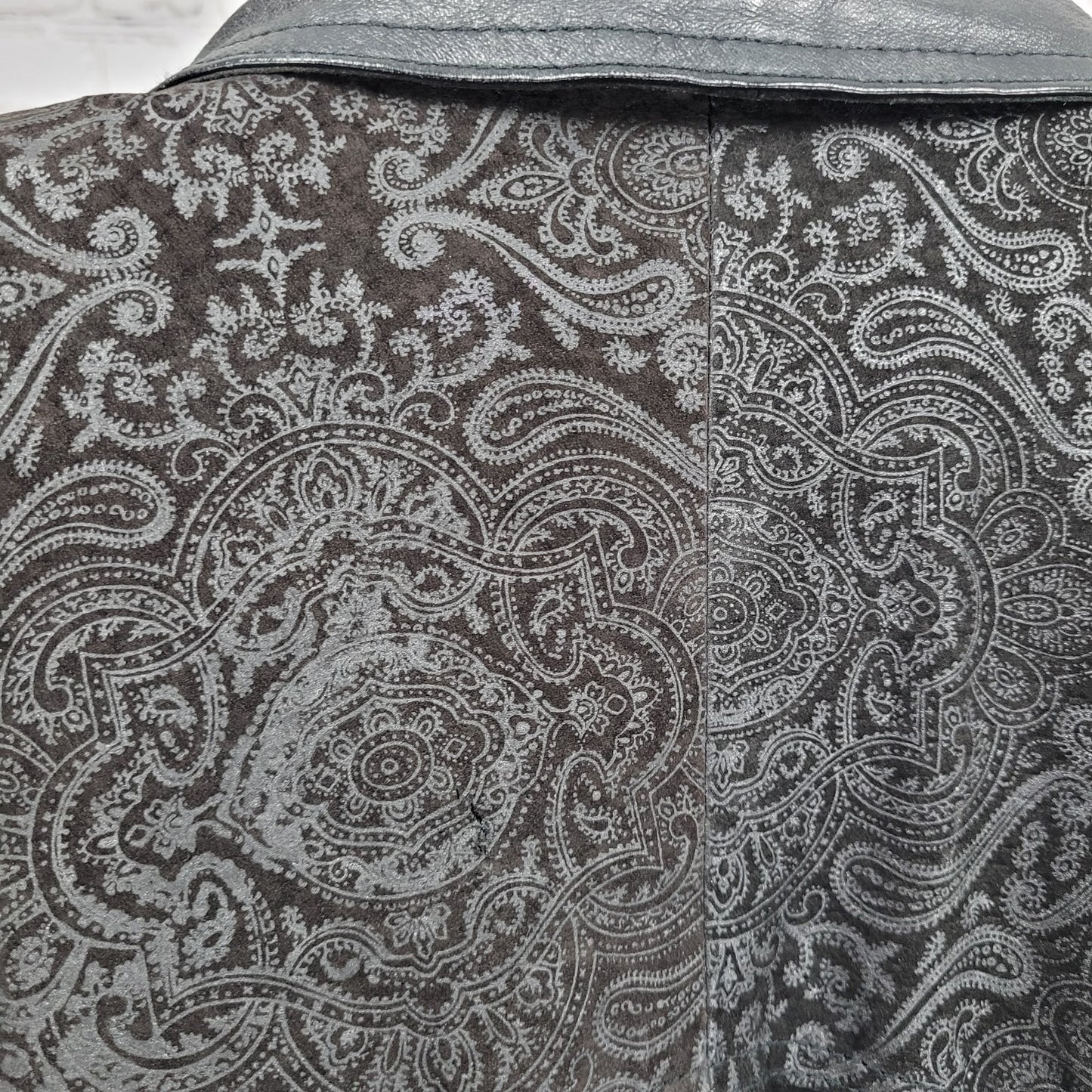 VTG Winlit Black Genuine Leather Suede Paisley Trench Long Jacket Coat L *defect