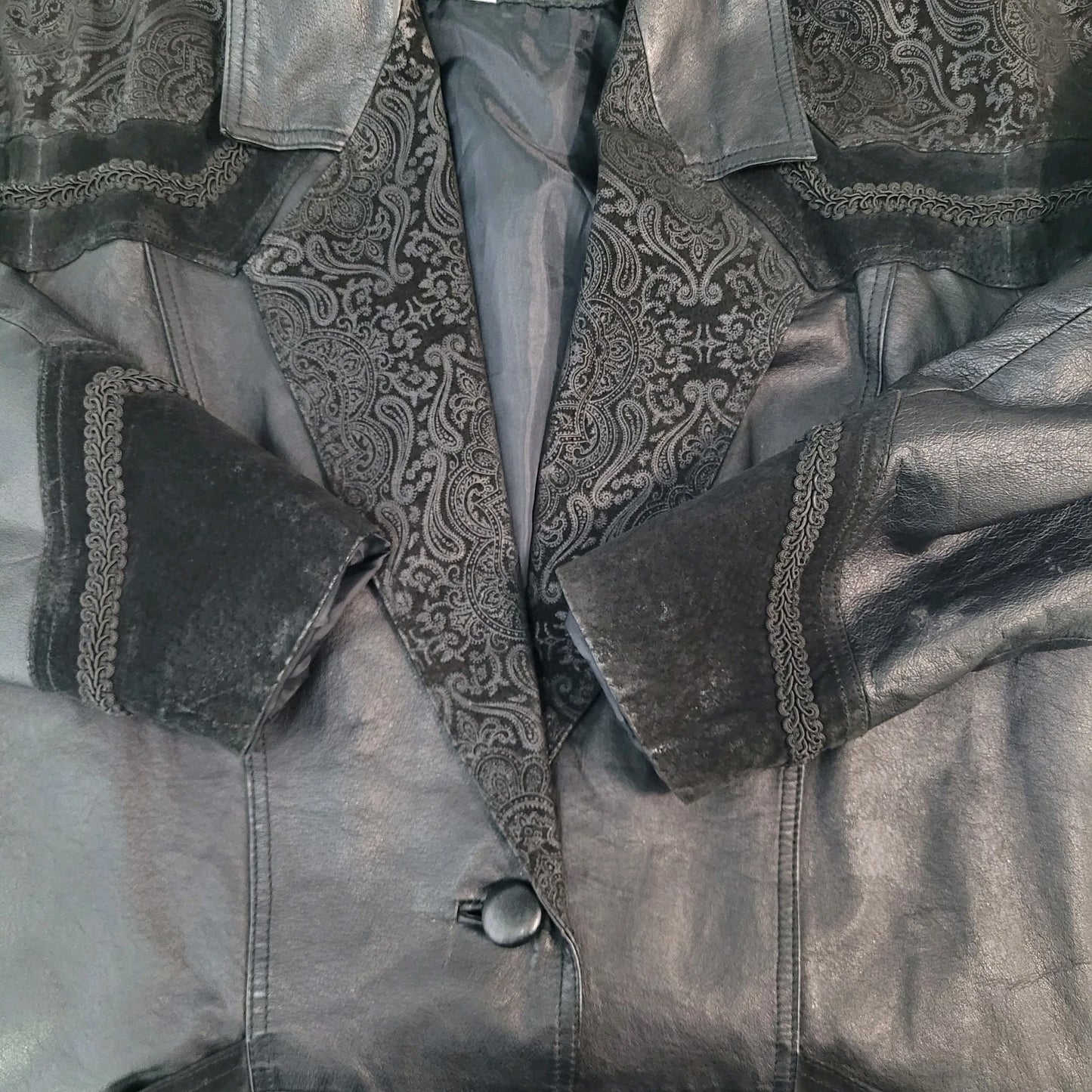 VTG Winlit Black Genuine Leather Suede Paisley Trench Long Jacket Coat L *defect
