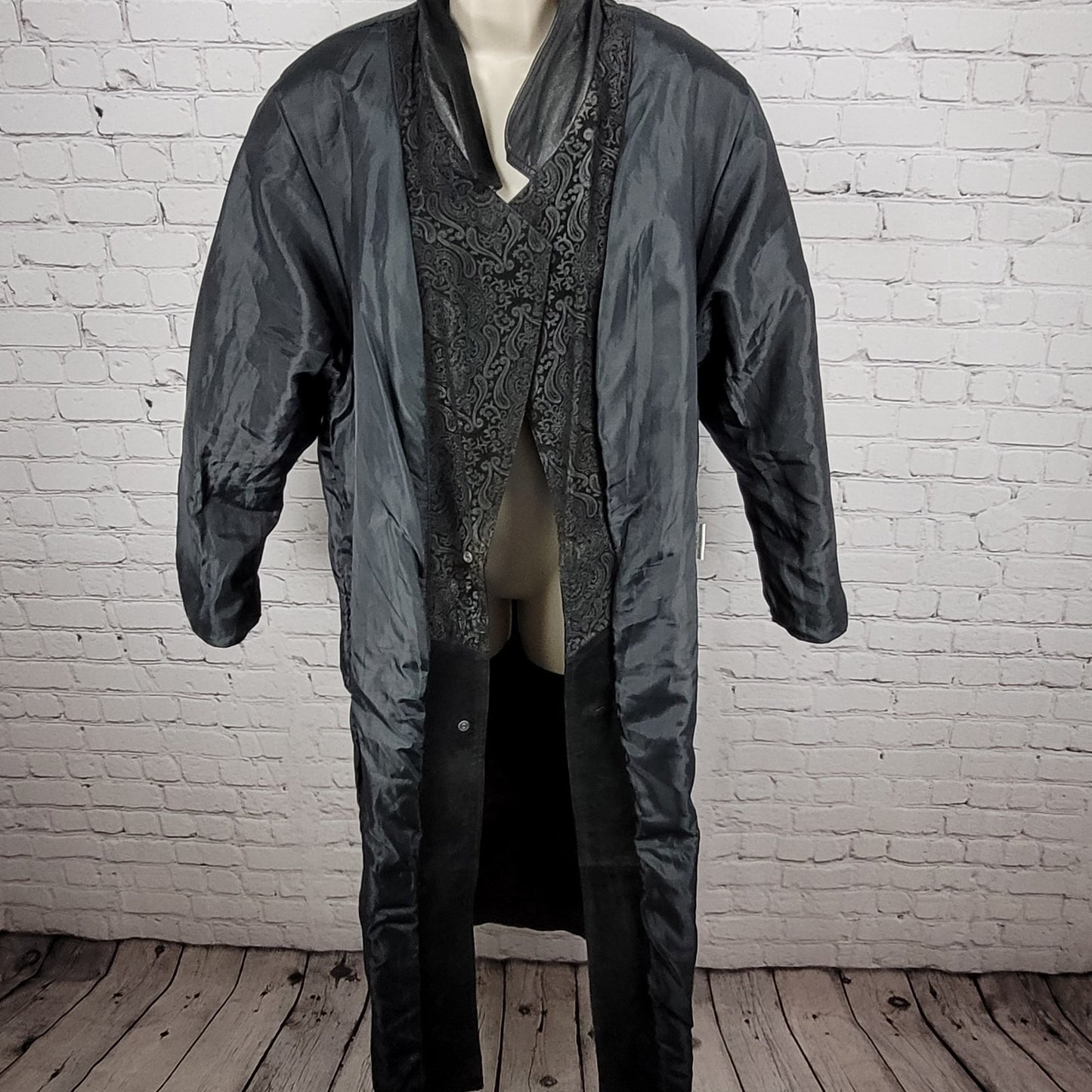 VTG Winlit Black Genuine Leather Suede Paisley Trench Long Jacket Coat L *defect