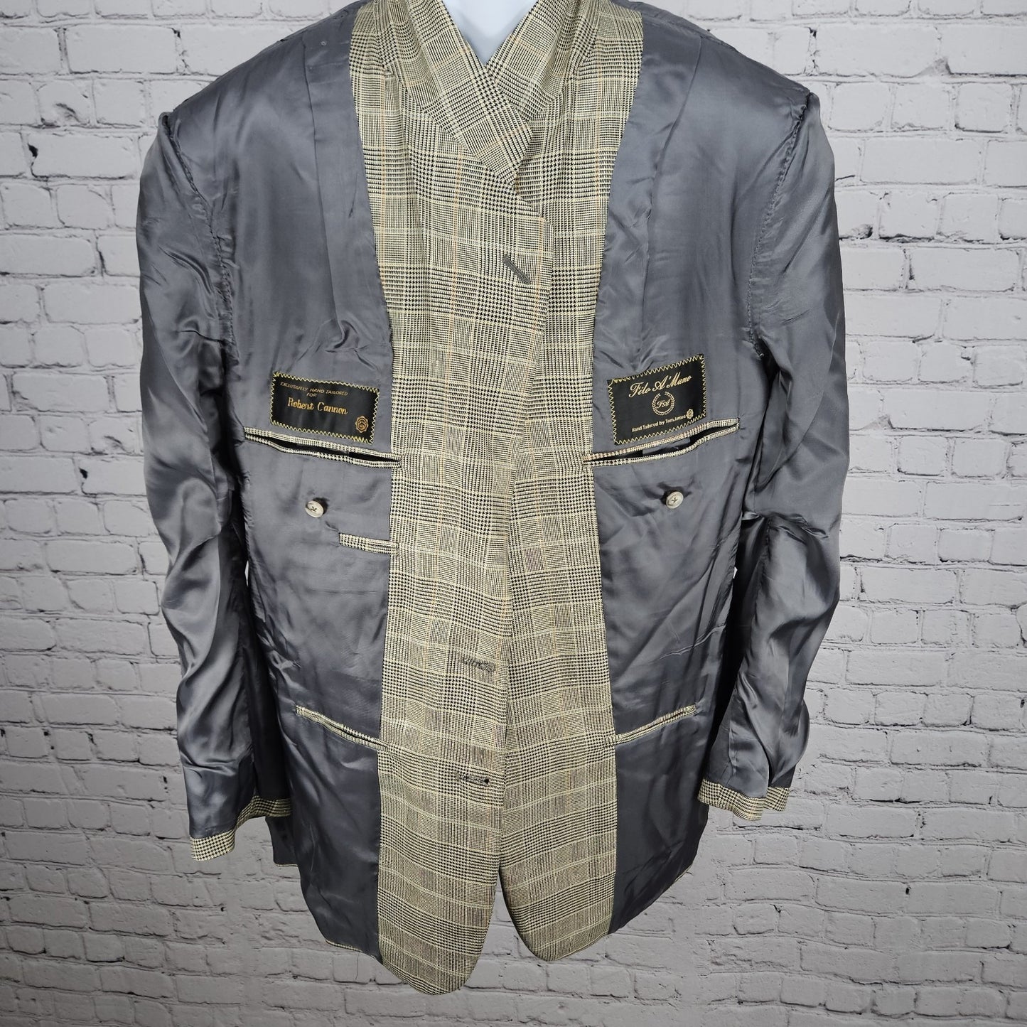 VTG Filo A Mano Tom James Tan Glen Check 2 Button Notch Blazer Sport Coat 42R