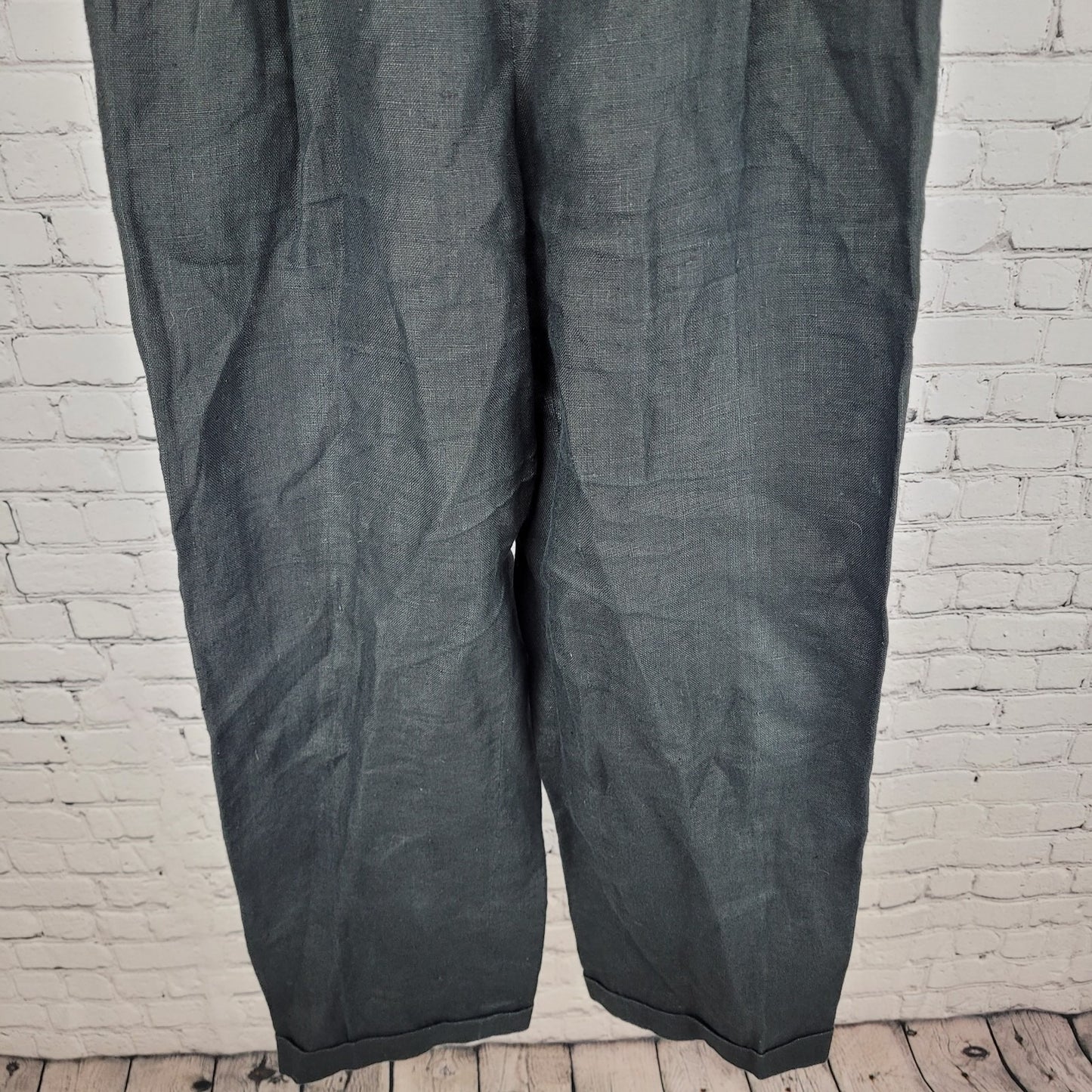VTG Gene Ewing BIS Black 100% Linen Pleated Wide Leg Flowy Pants USA 12 (26x29)