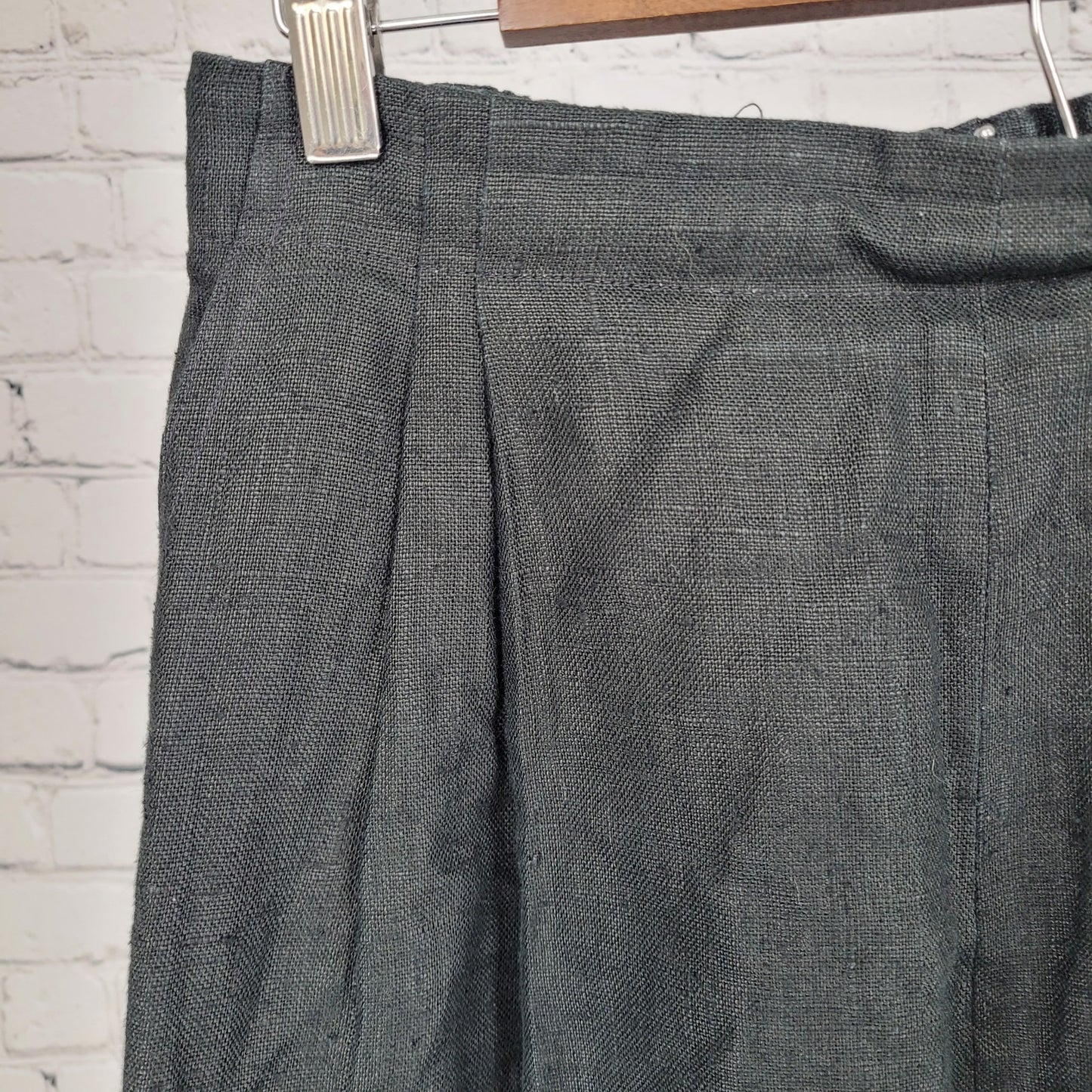 VTG Gene Ewing BIS Black 100% Linen Pleated Wide Leg Flowy Pants USA 12 (26x29)