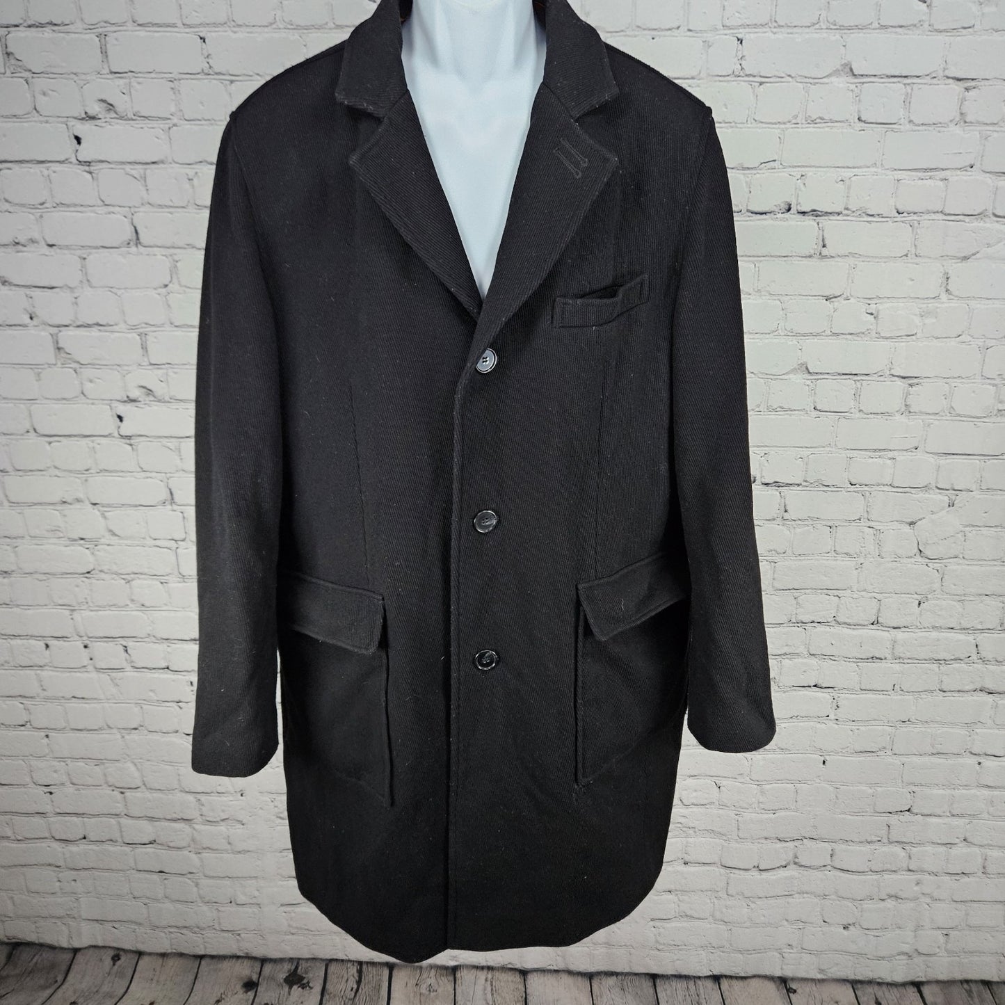 Cole Haan Black Virgin Wool Blend Corduroy Button Pocket Notch Lined Over Coat L