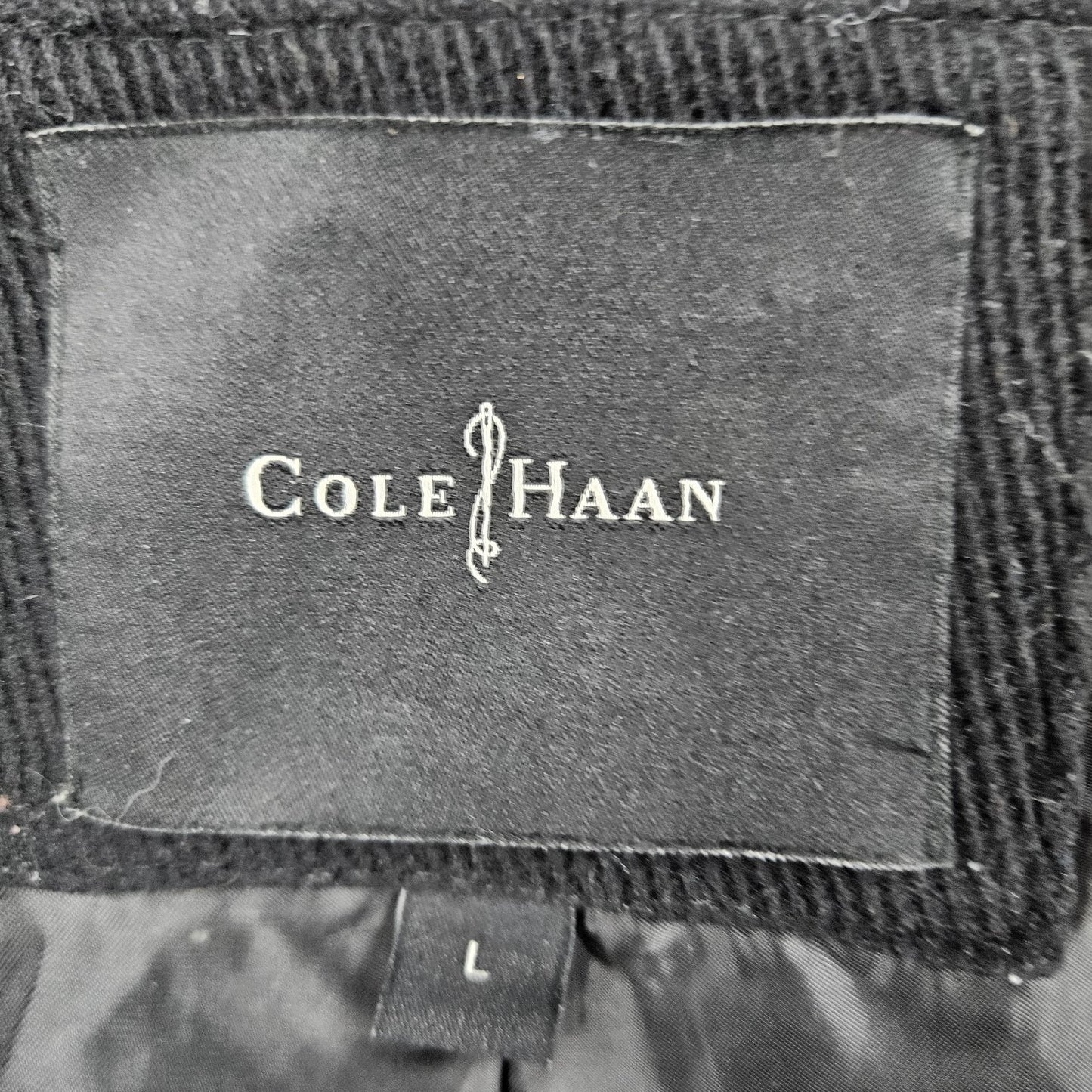Cole Haan Black Virgin Wool Blend Corduroy Button Pocket Notch Lined Over Coat L