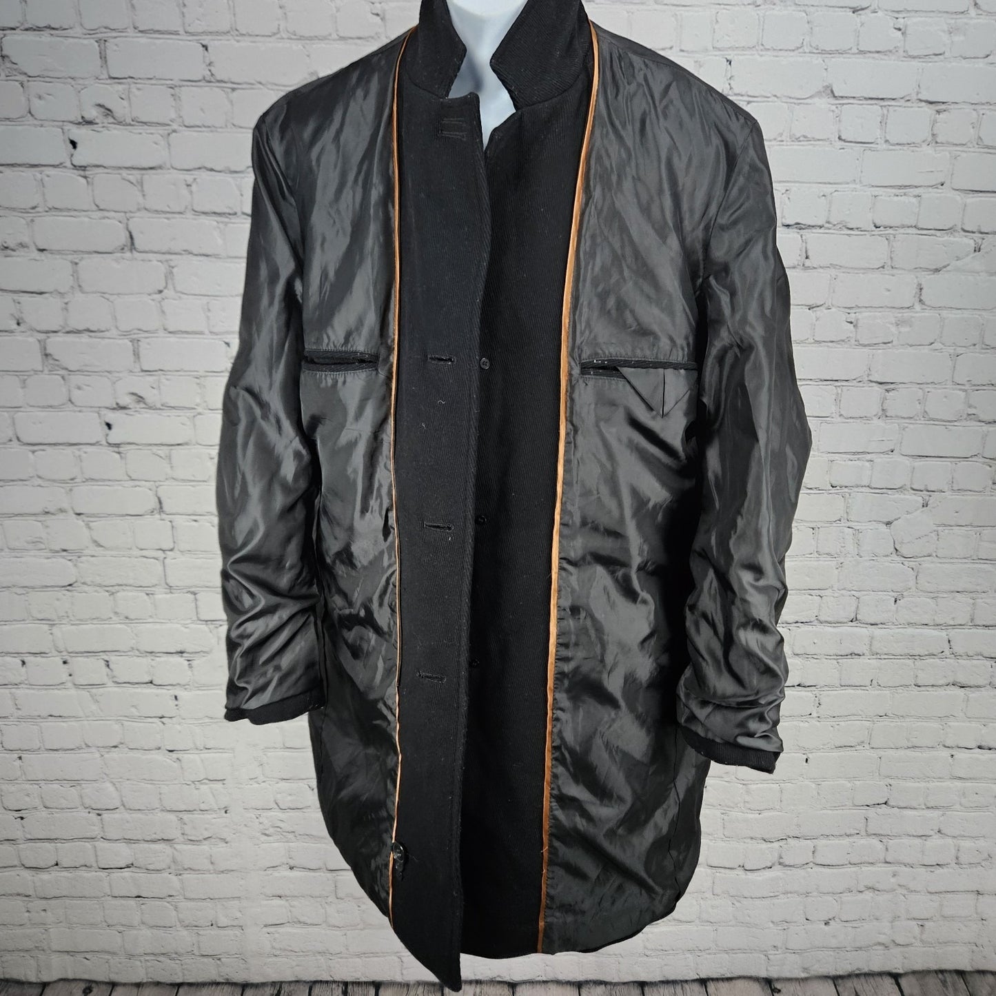 Cole Haan Black Virgin Wool Blend Corduroy Button Pocket Notch Lined Over Coat L