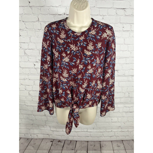Madewell Long Sleeve Round Neck Tie Front Blue Maroon Floral Blouse Women’s XS