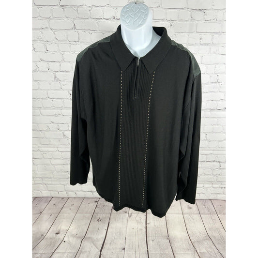 M.E. Sport Collection Black Pullover 1/4 Zip Sweater Leather Accent Shoulders XL