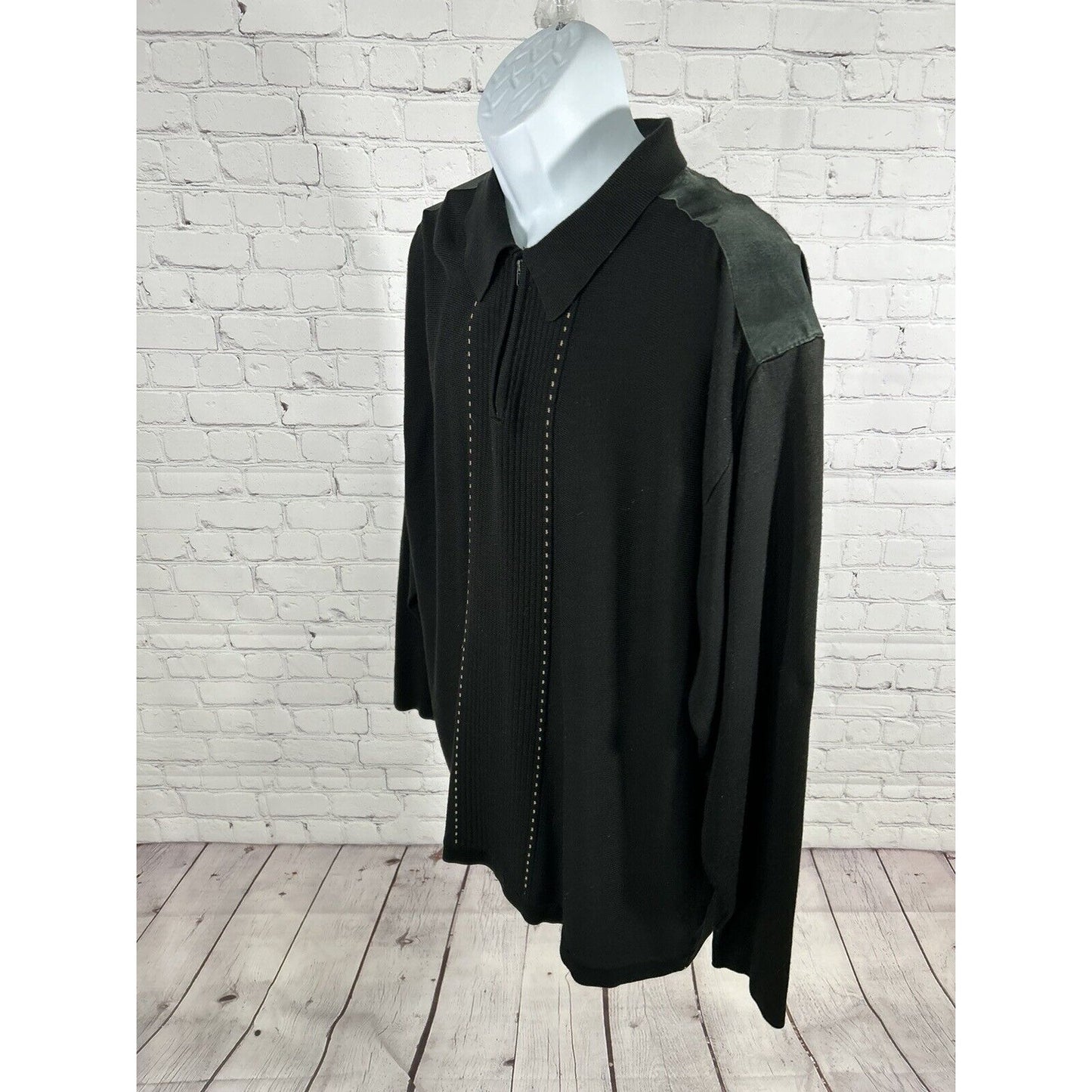 M.E. Sport Collection Black Pullover 1/4 Zip Sweater Leather Accent Shoulders XL