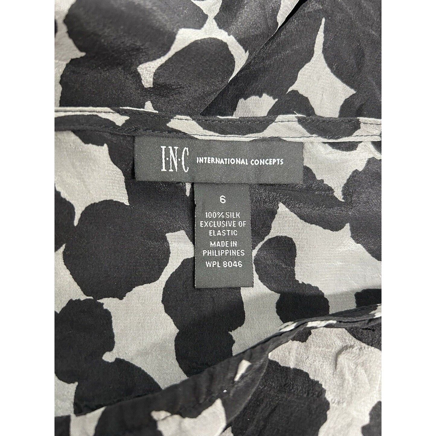 INC International Concepts 100% Silk Black Gray Peplum Blouse 6