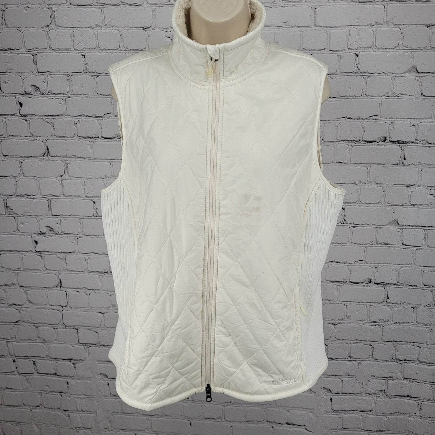 LL Bean Ivory Quilted Sherpa Lined Knit Stretch Side Panels Full Zip Vest XL