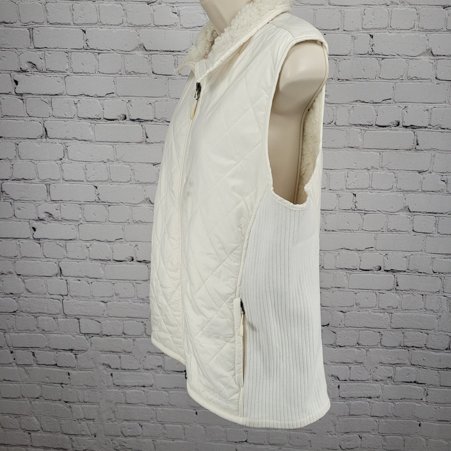LL Bean Ivory Quilted Sherpa Lined Knit Stretch Side Panels Full Zip Vest XL