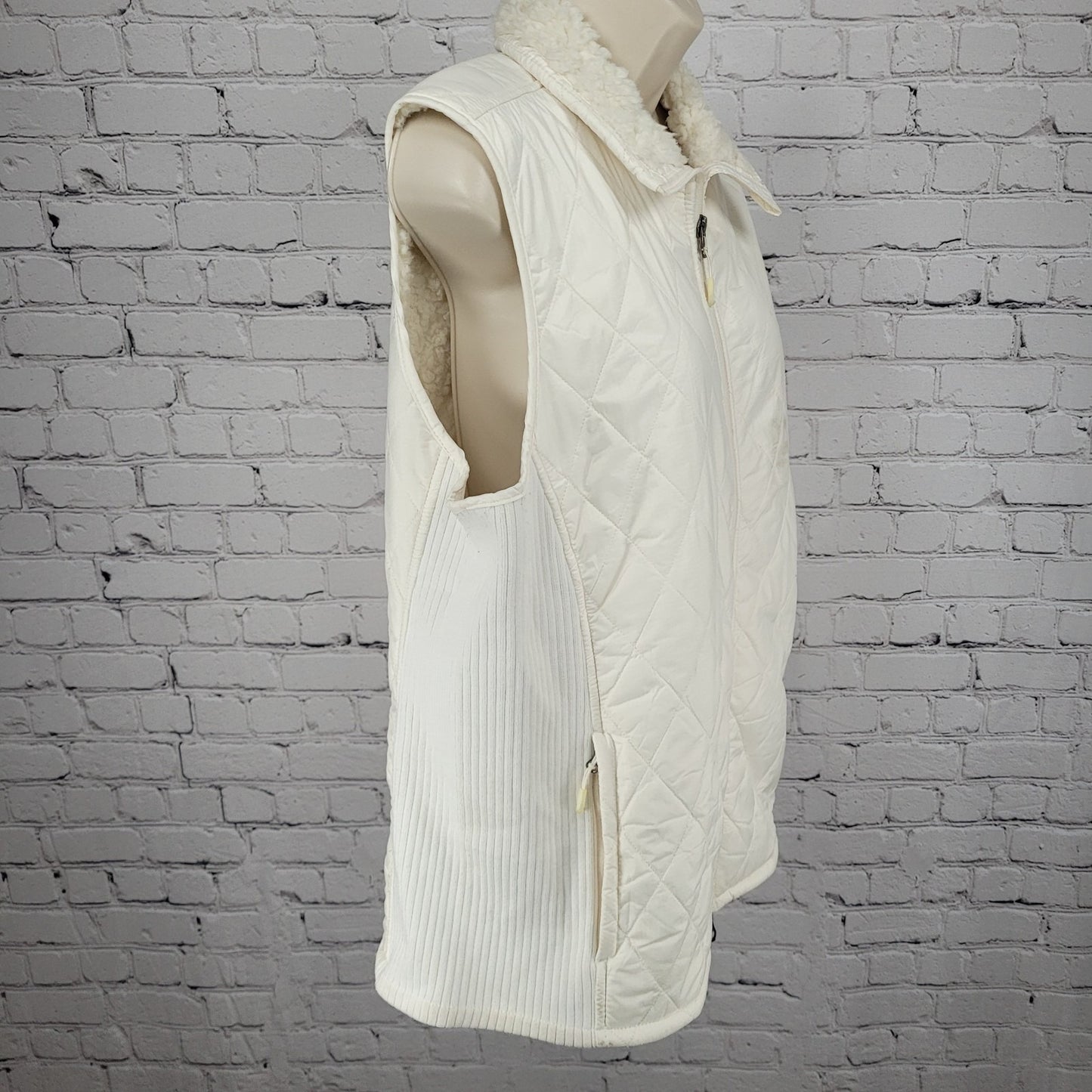 LL Bean Ivory Quilted Sherpa Lined Knit Stretch Side Panels Full Zip Vest XL