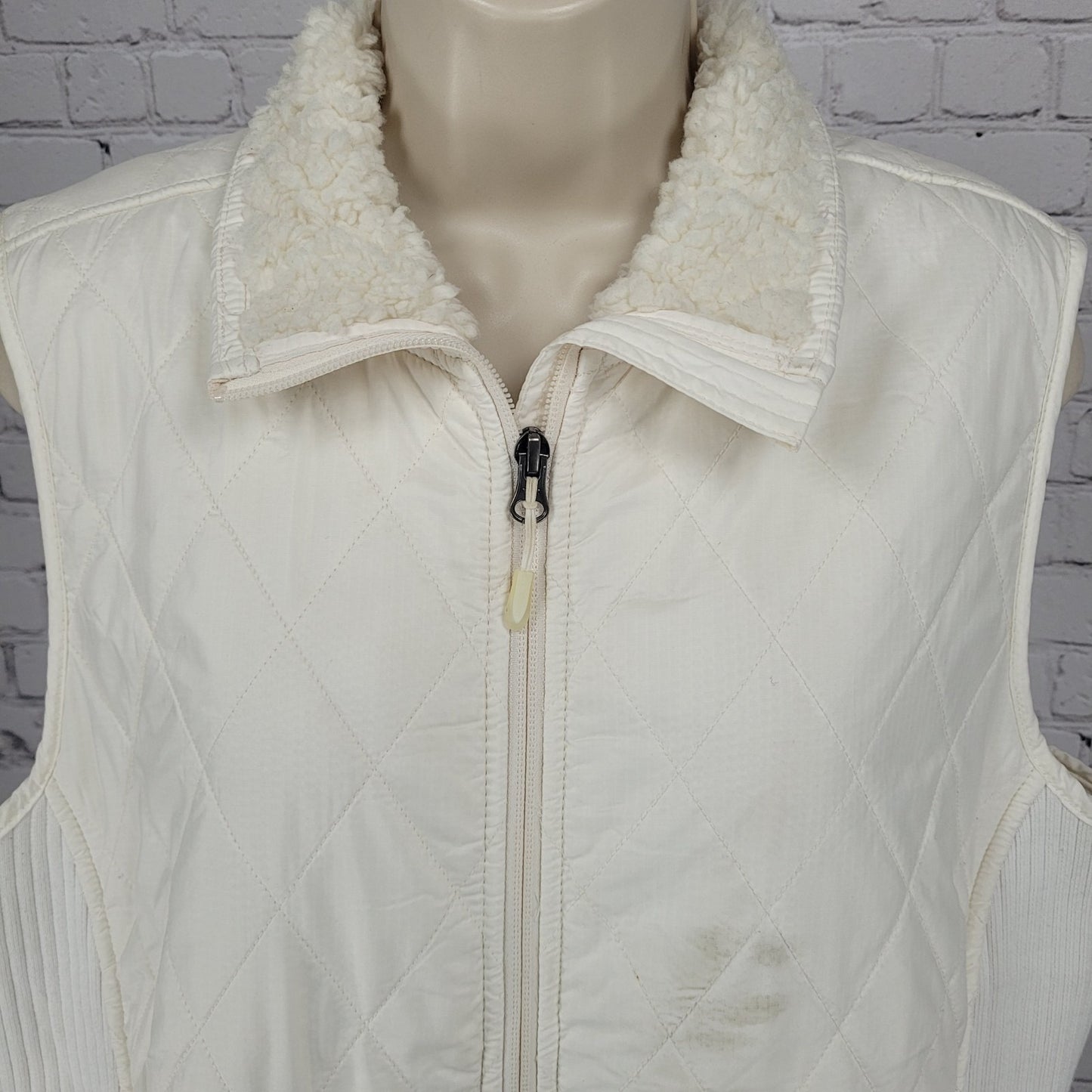 LL Bean Ivory Quilted Sherpa Lined Knit Stretch Side Panels Full Zip Vest XL