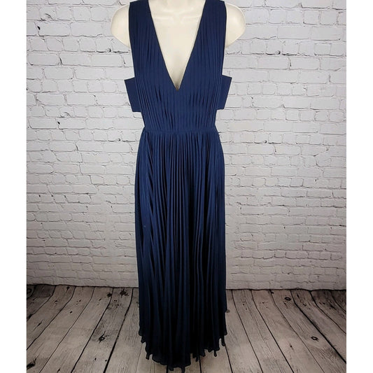 Fame & Partners Dark Blue Pleated Chiffon Cut Out Sleeveless Maxi Dress Size 4