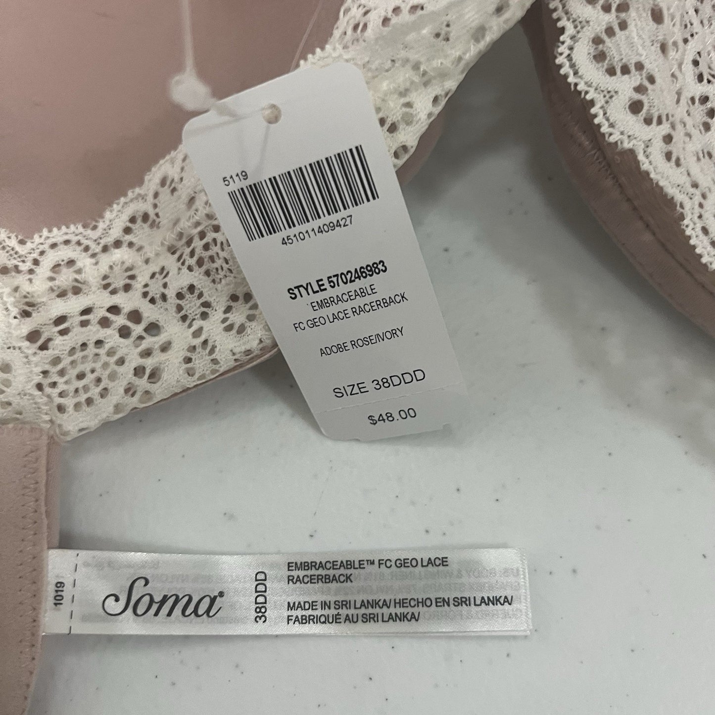 NWT Soma Adobe Rose Embraceable Full Coverage Lace Racerback Underwire Bra 38DDD