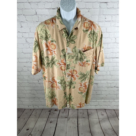 Bermuda Bay 100% Silk Hawaiian Tropical Button Front Shirt Short Sleeves Mens L