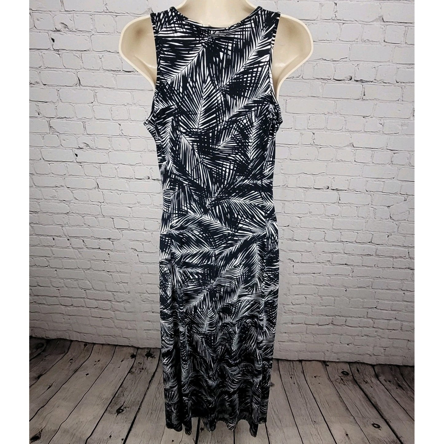 Michael Kors Navy & White Palm Leaf Front Slit Stretch Midi Dress Size Medium M
