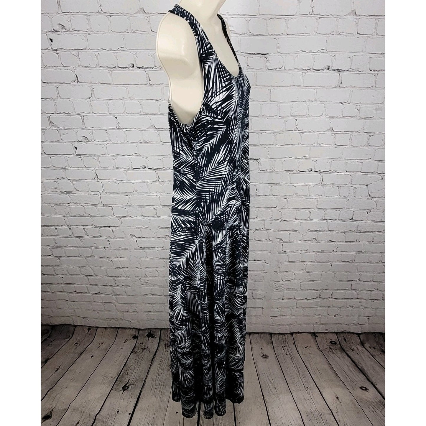 Michael Kors Navy & White Palm Leaf Front Slit Stretch Midi Dress Size Medium M