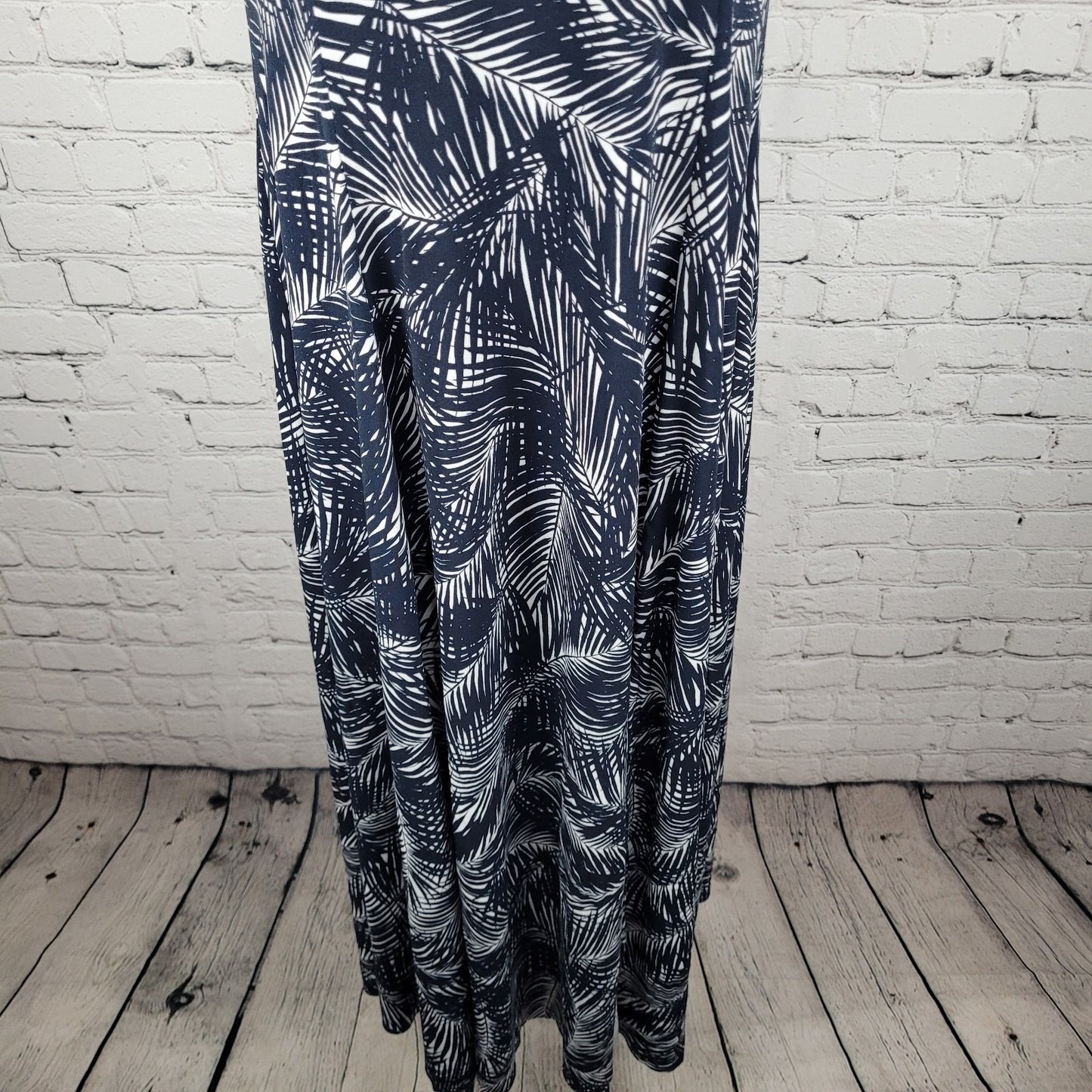 Michael Kors Navy & White Palm Leaf Front Slit Stretch Midi Dress Size Medium M