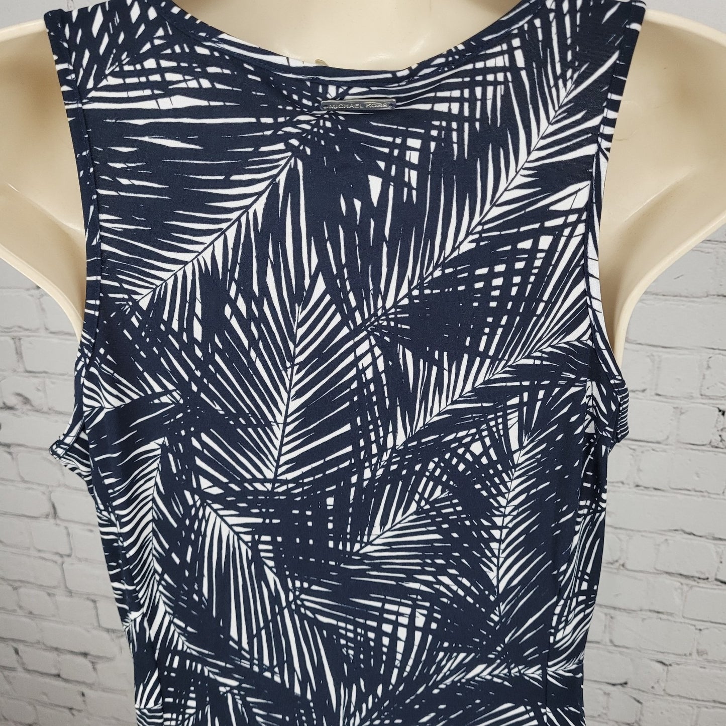 Michael Kors Navy & White Palm Leaf Front Slit Stretch Midi Dress Size Medium M