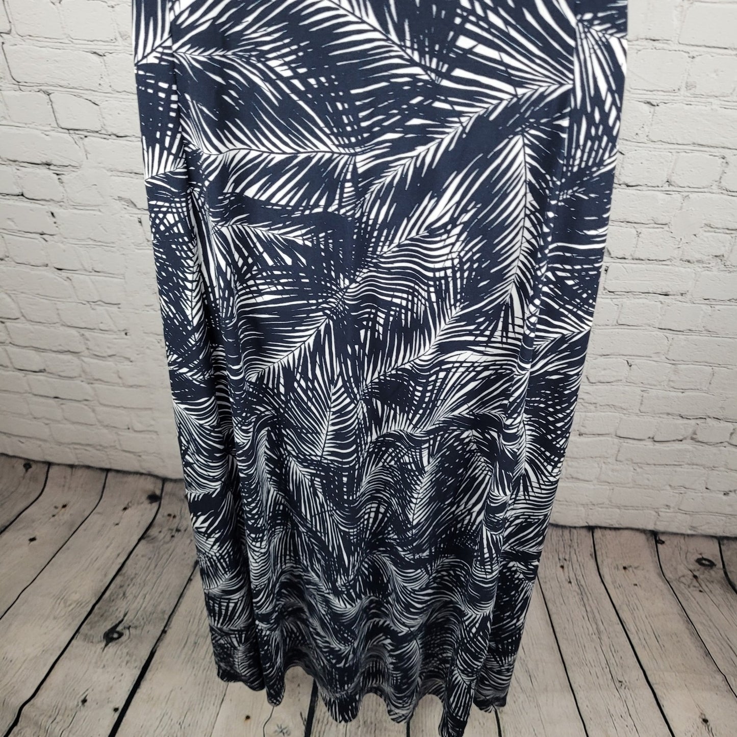 Michael Kors Navy & White Palm Leaf Front Slit Stretch Midi Dress Size Medium M
