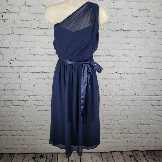 NWT Showcase Navy Chiffon One Shoulder Belted Smocked Back Midi Dress Size 10