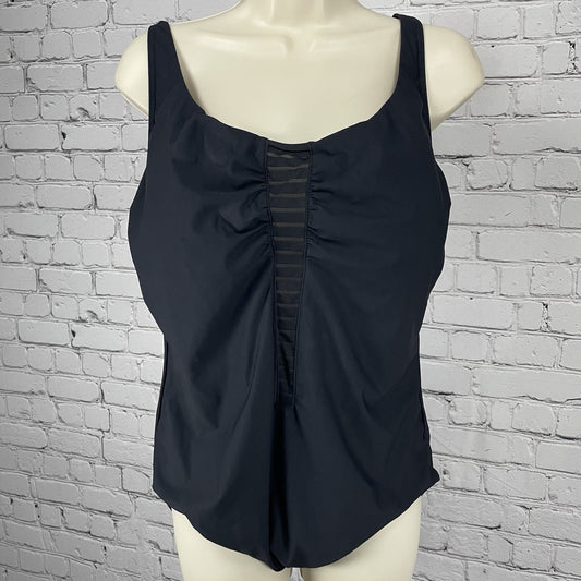 Amoressa Black Padded Bra Gold Accent Mesh Cut Out One Piece Swimsuit Size 16W