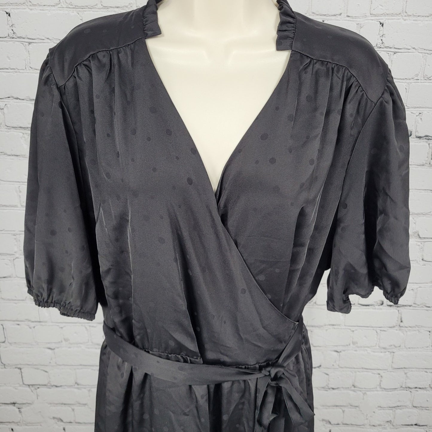 Draper James Black Silky Polka Dot Short Sleeve Wrap Tie Midi Dress Size XXL