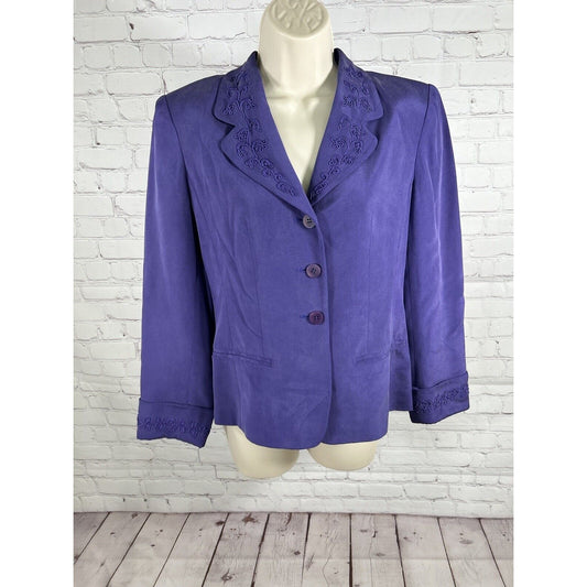 VTG Via Seta Suits Petites Purple 100% Silk Embroidered Three Button Blazer 4