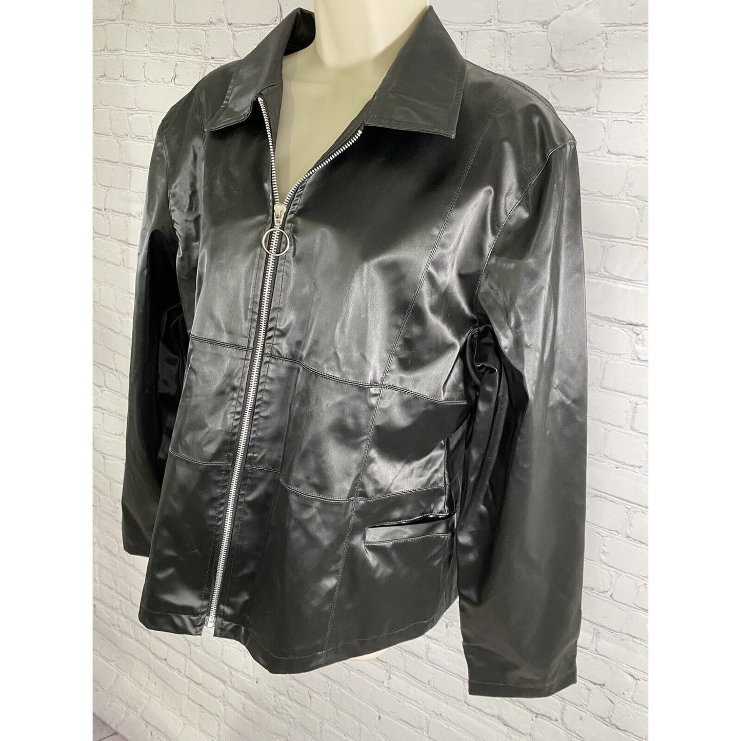 Rave Black Vegan Faux Leather Light Collared Full Zip Up Biker Jacket XL