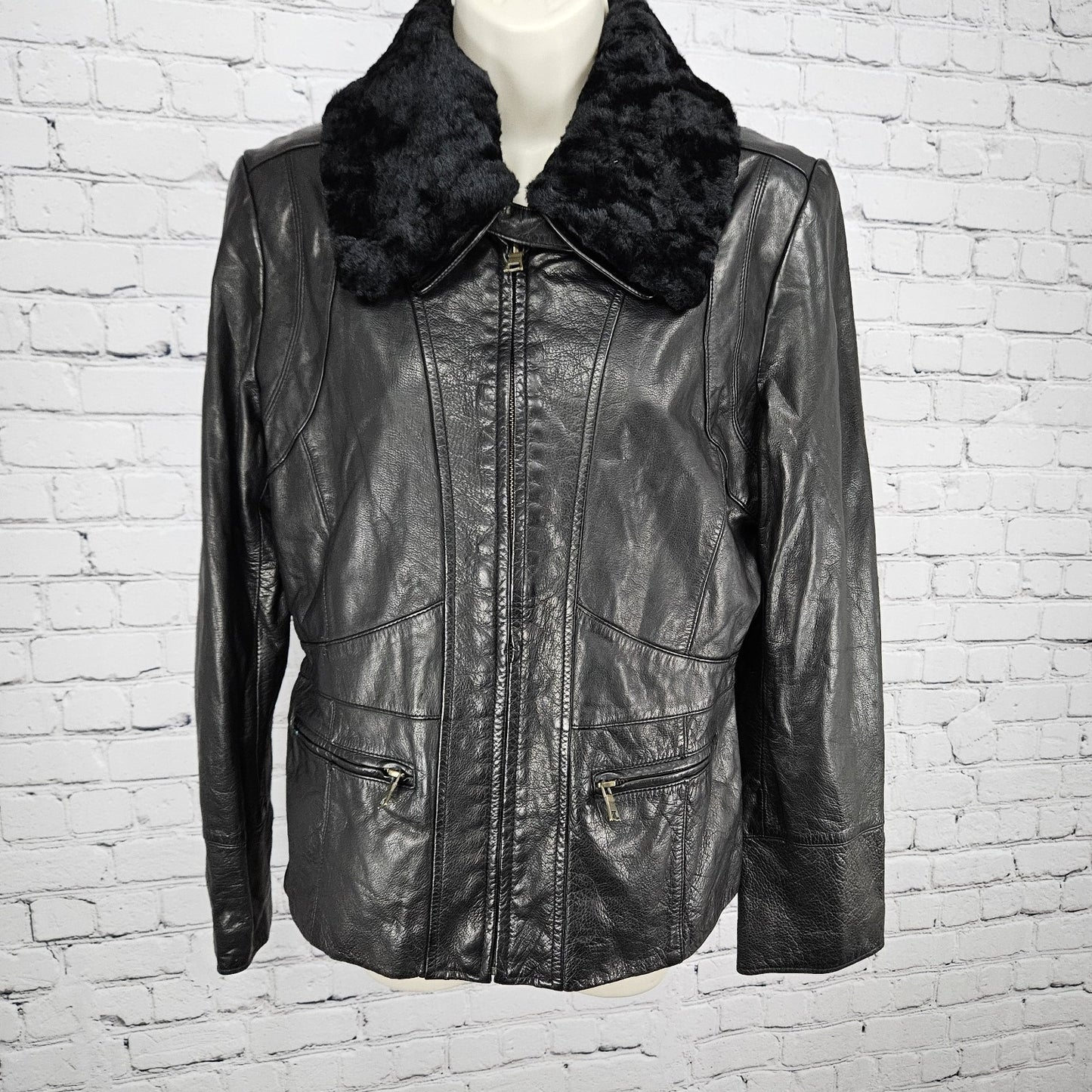 Banana Republic Black Genuine Leather Shearling Lamb Fur Collar Jacket Large L