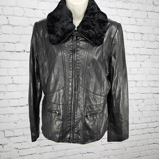 Banana Republic Black Genuine Leather Shearling Lamb Fur Collar Jacket Large L