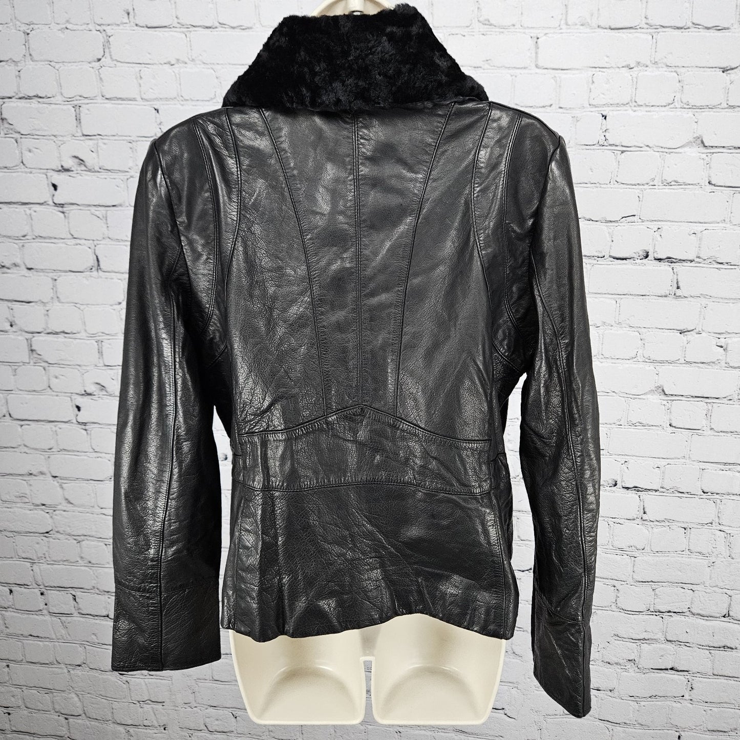 Banana Republic Black Genuine Leather Shearling Lamb Fur Collar Jacket Large L