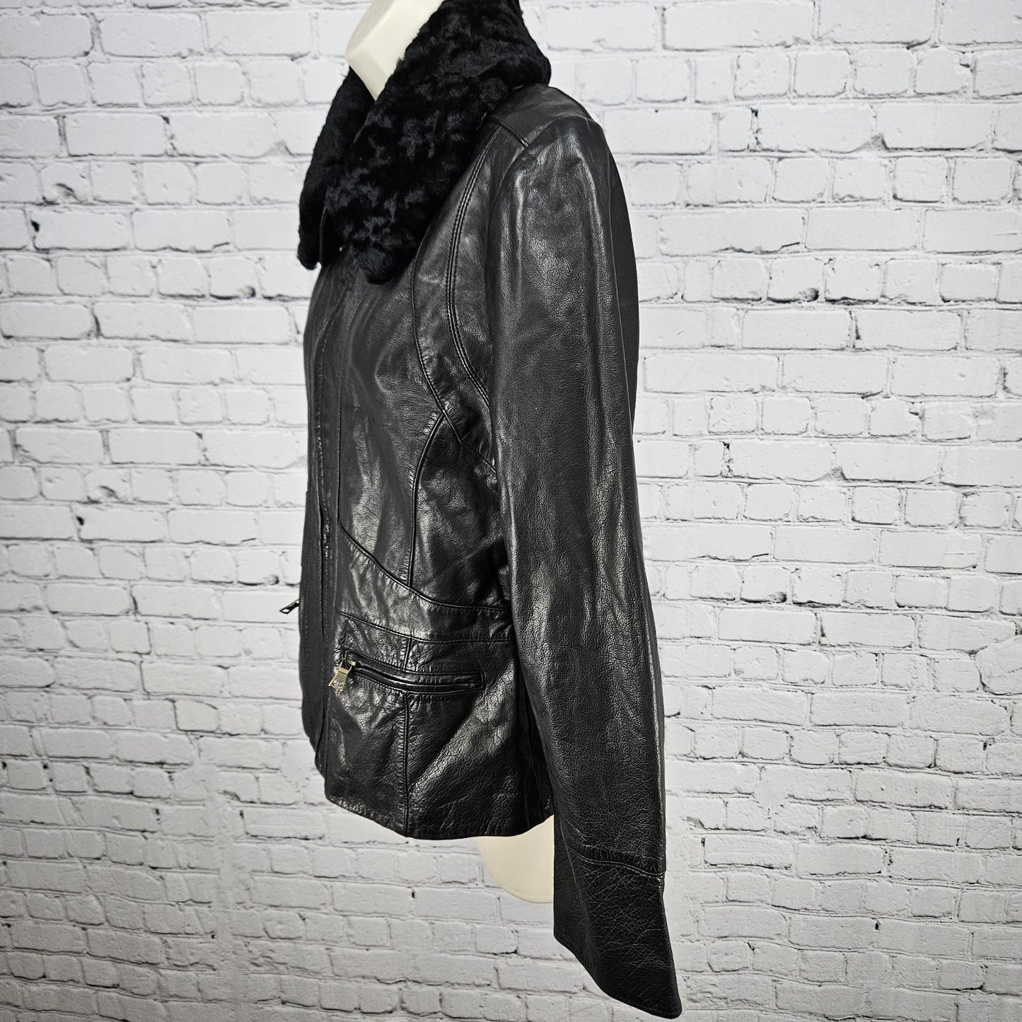 Banana Republic Black Genuine Leather Shearling Lamb Fur Collar Jacket Large L