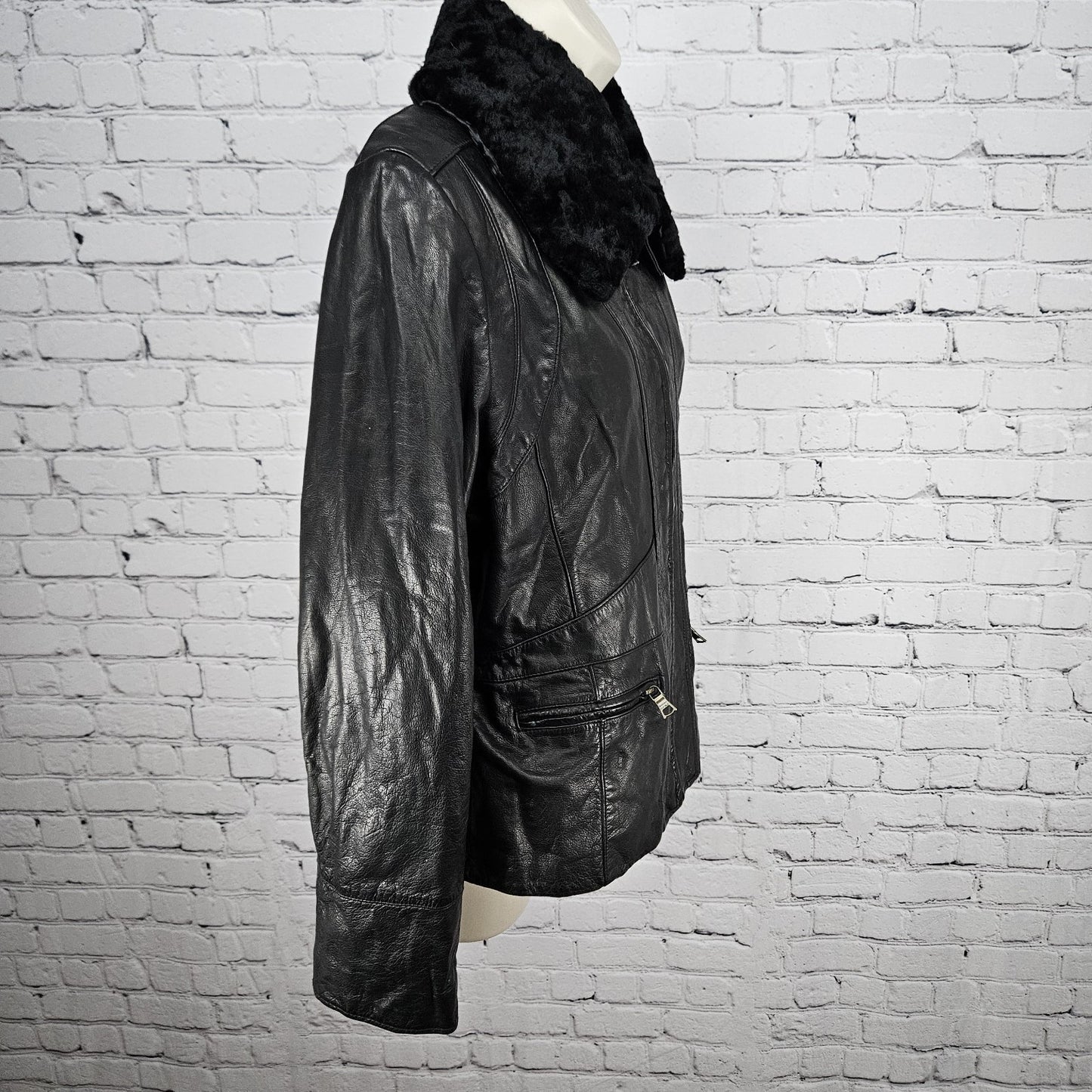 Banana Republic Black Genuine Leather Shearling Lamb Fur Collar Jacket Large L