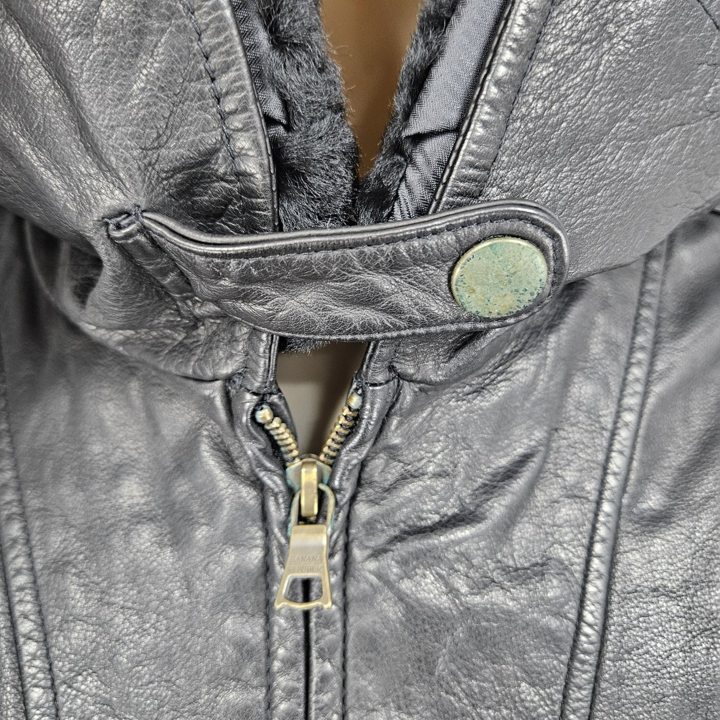 Banana Republic Black Genuine Leather Shearling Lamb Fur Collar Jacket Large L