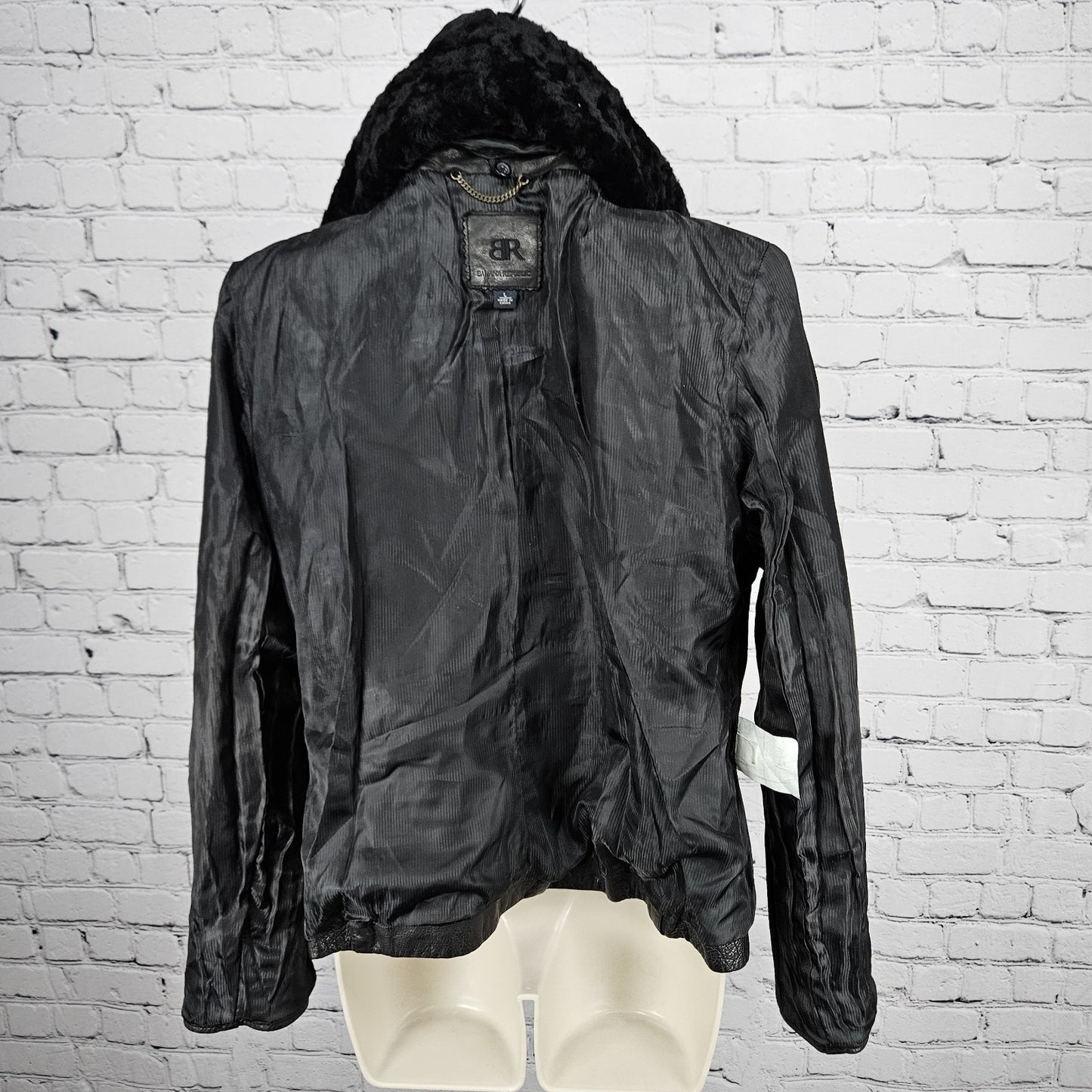 Banana Republic Black Genuine Leather Shearling Lamb Fur Collar Jacket Large L