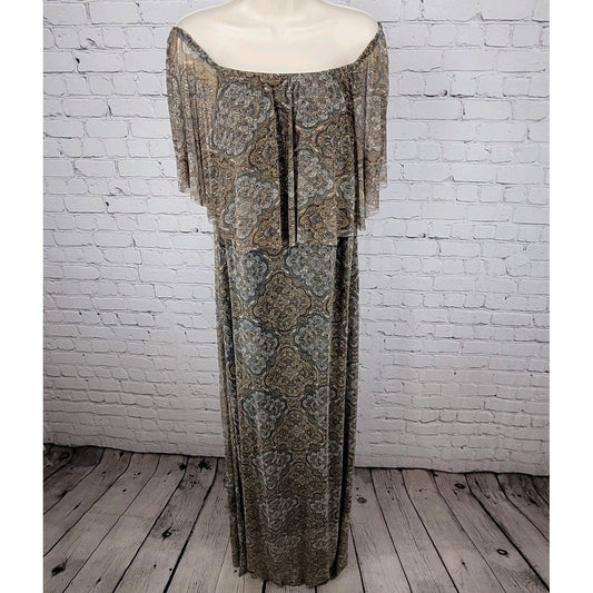 NWT Ellen Weaver Tan & Blue Print Off Shoulder Stretch Lined Maxi Dress Size 3X
