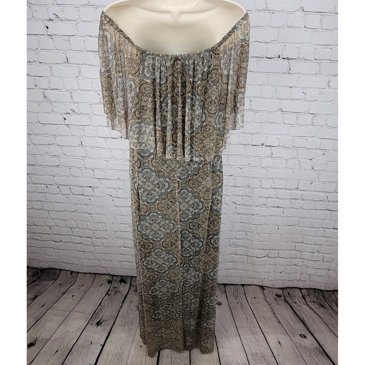 NWT Ellen Weaver Tan & Blue Print Off Shoulder Stretch Lined Maxi Dress Size 3X