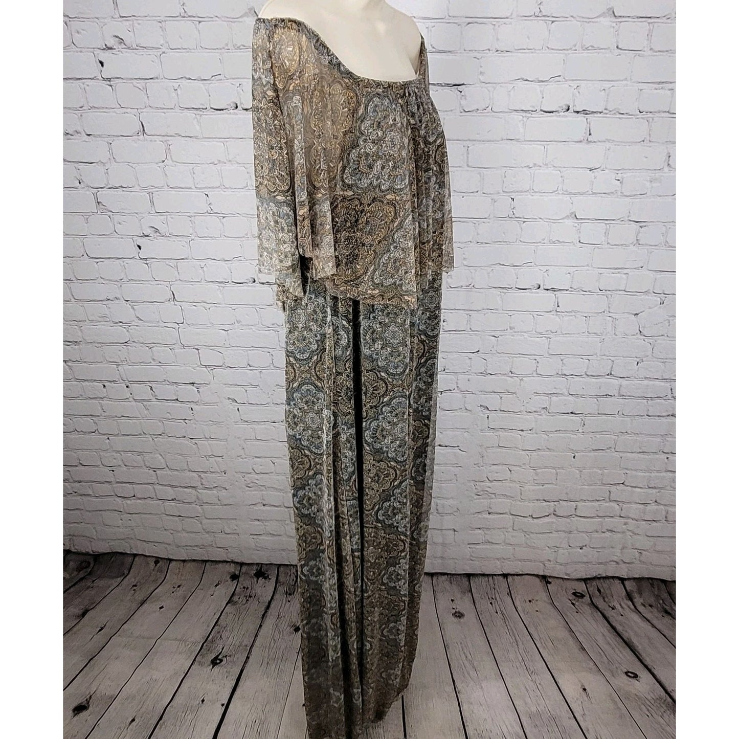 NWT Ellen Weaver Tan & Blue Print Off Shoulder Stretch Lined Maxi Dress Size 3X