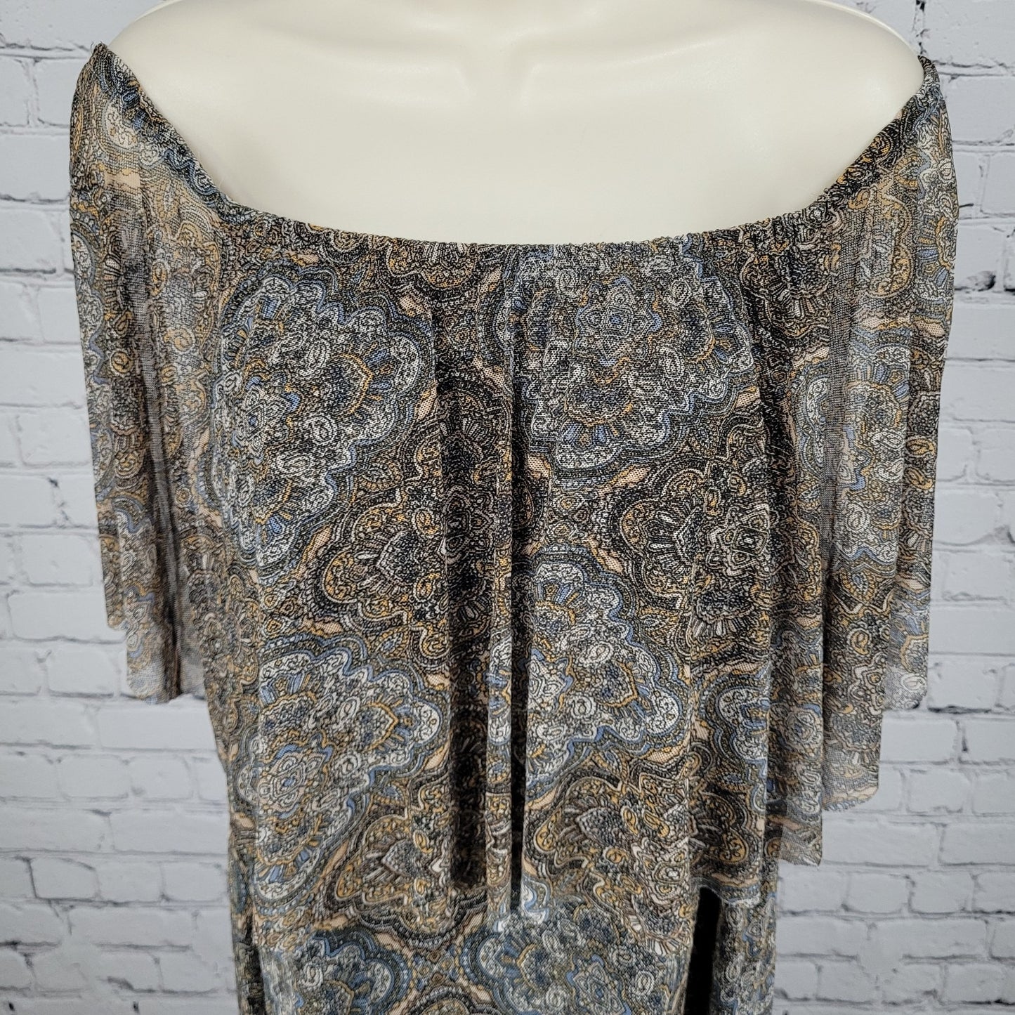 NWT Ellen Weaver Tan & Blue Print Off Shoulder Stretch Lined Maxi Dress Size 3X